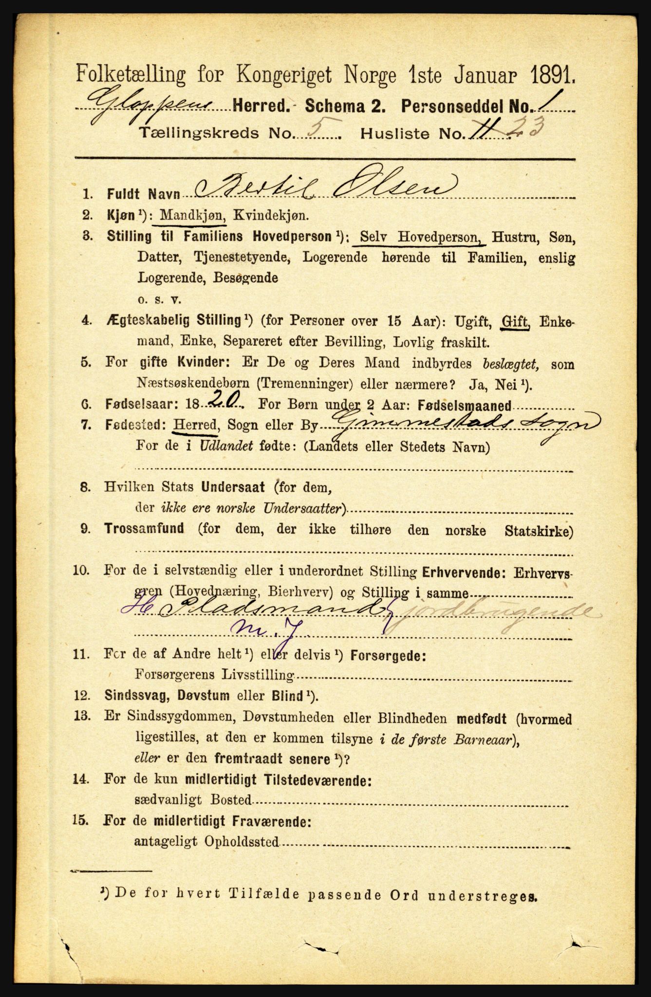 RA, 1891 census for 1445 Gloppen, 1891, p. 2206