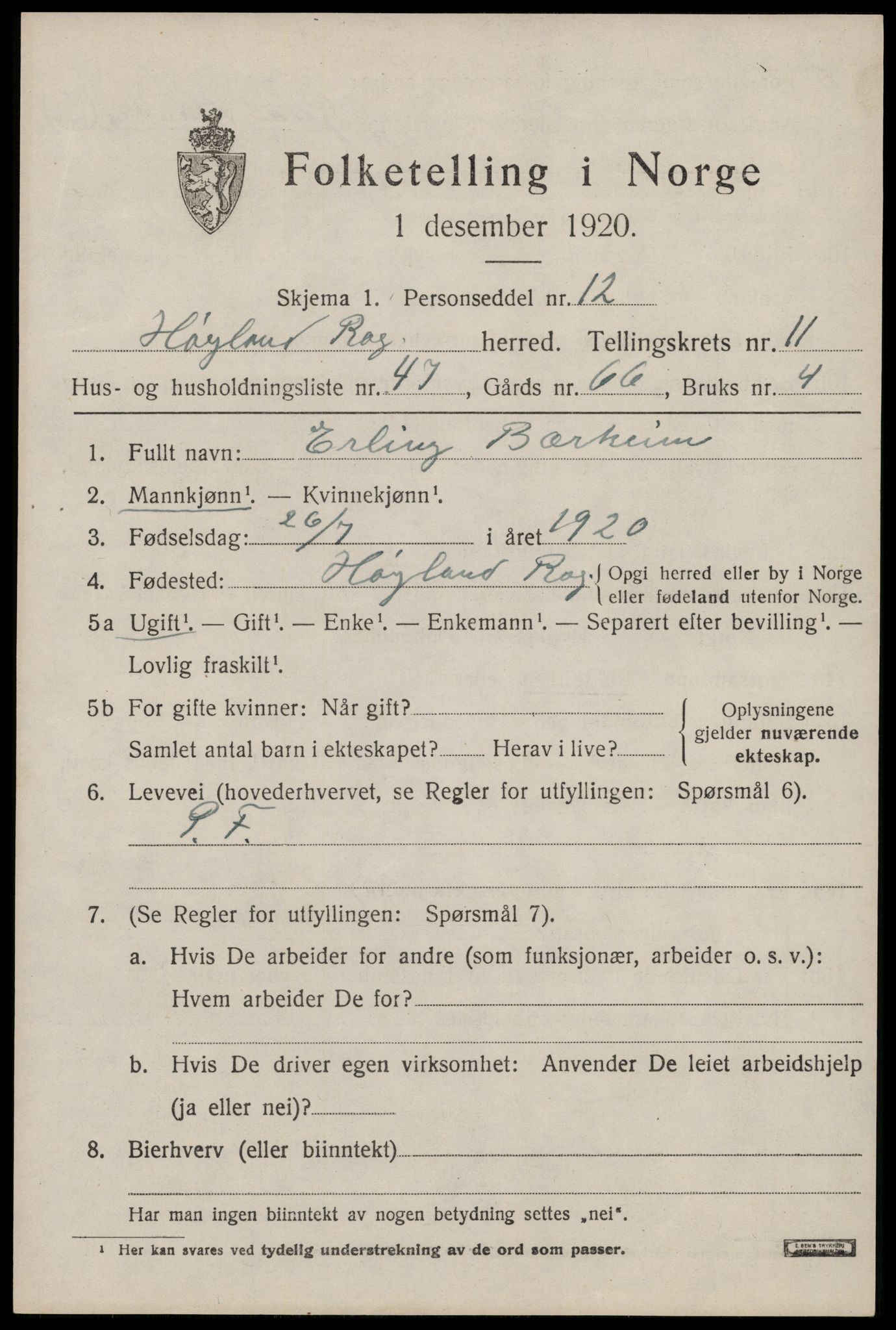 SAST, 1920 census for Høyland, 1920, p. 9312