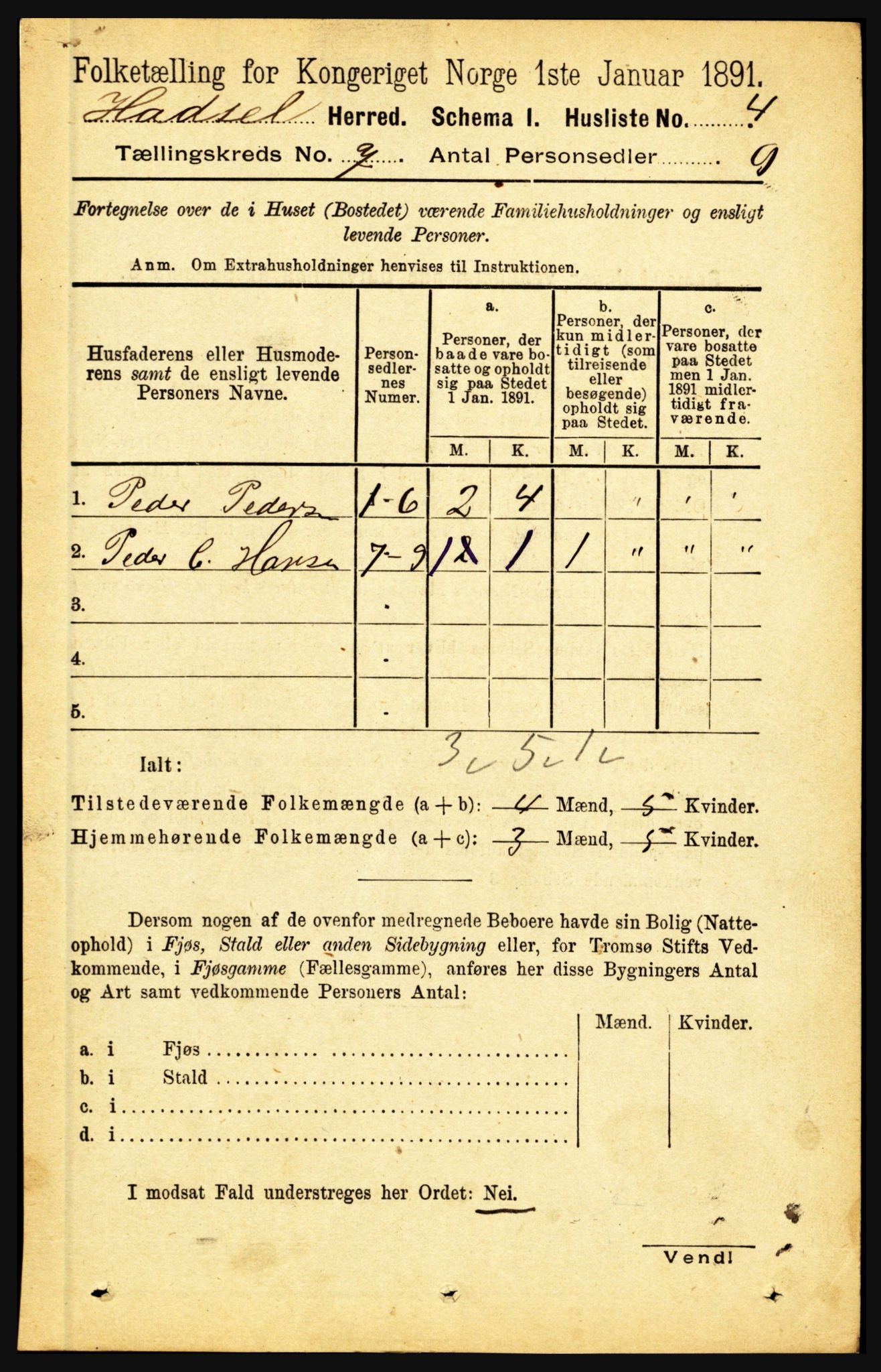 RA, 1891 census for 1866 Hadsel, 1891, p. 3064