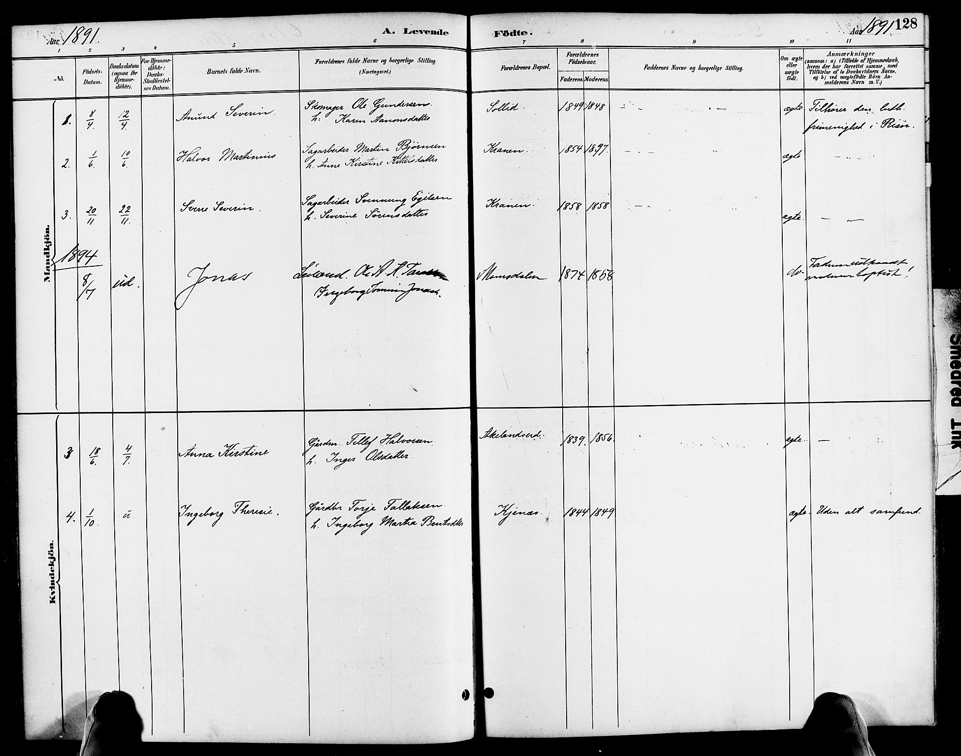Søndeled sokneprestkontor, SAK/1111-0038/F/Fa/L0005: Parish register (official) no. A 5, 1889-1899, p. 128