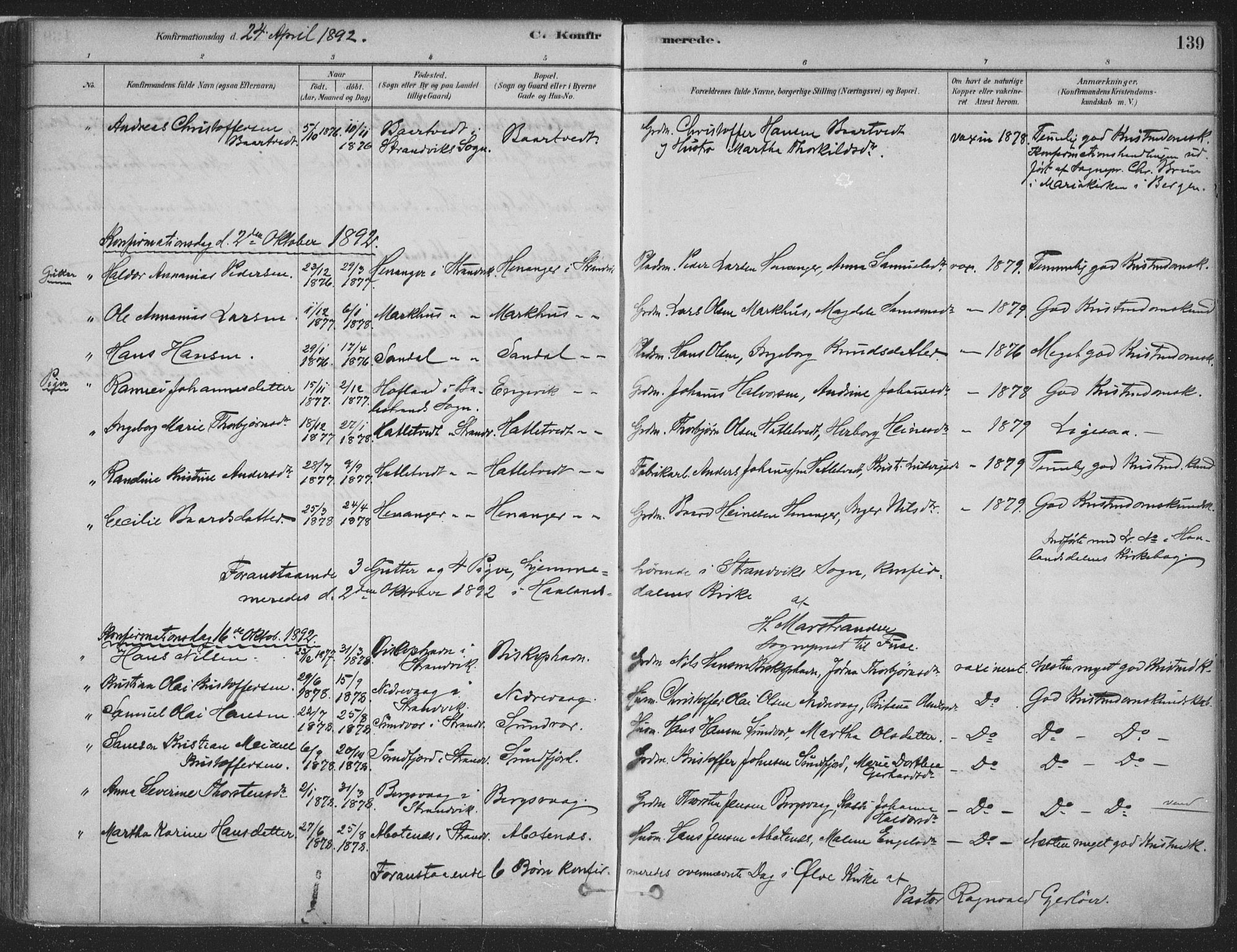 Fusa sokneprestembete, SAB/A-75401/H/Haa: Parish register (official) no. D 1, 1880-1938, p. 139