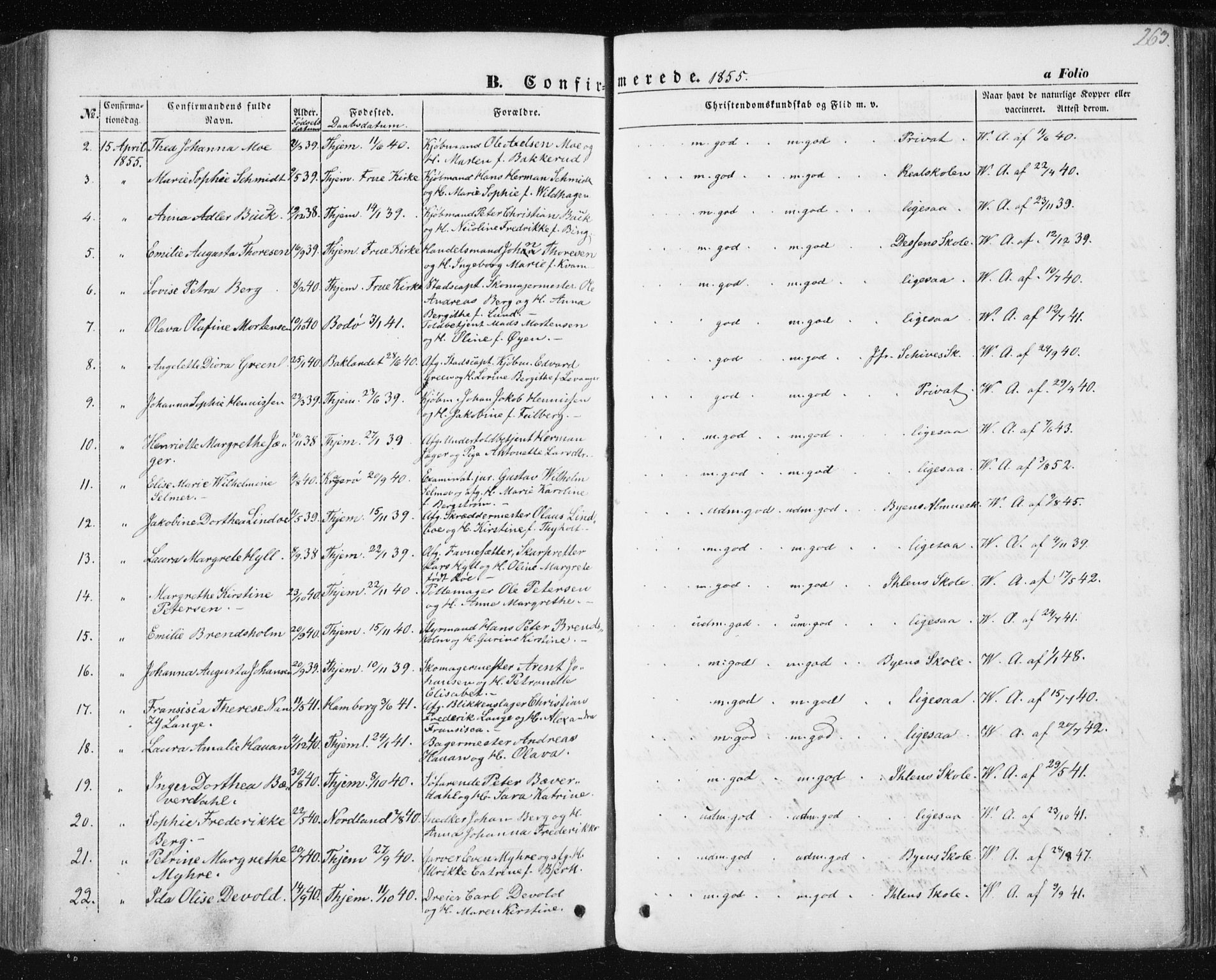 Ministerialprotokoller, klokkerbøker og fødselsregistre - Sør-Trøndelag, AV/SAT-A-1456/602/L0112: Parish register (official) no. 602A10, 1848-1859, p. 263