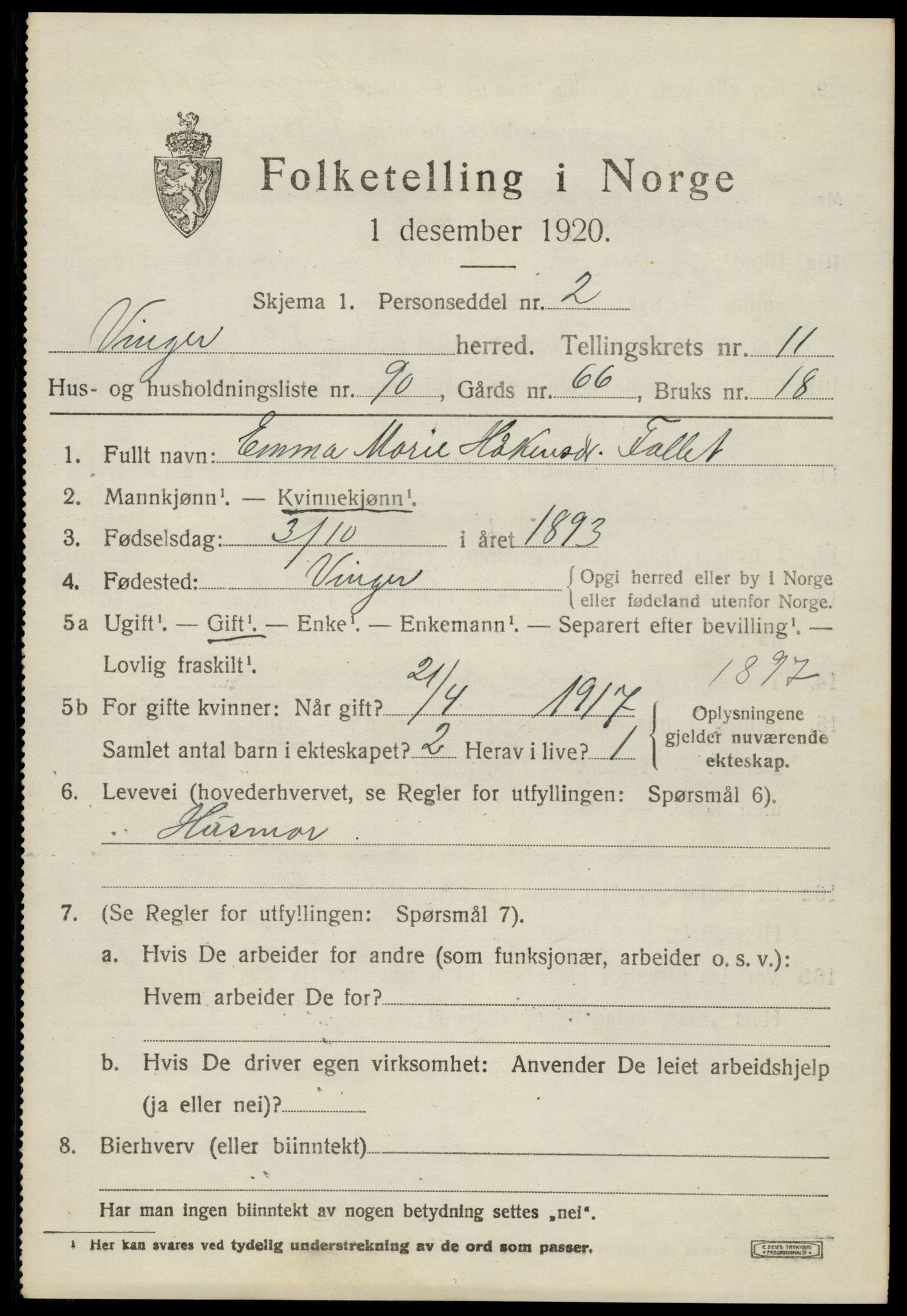 SAH, 1920 census for Vinger, 1920, p. 10026