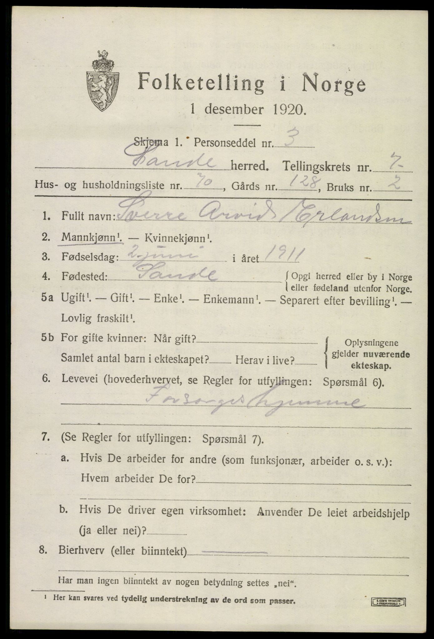 SAKO, 1920 census for Sande, 1920, p. 8944