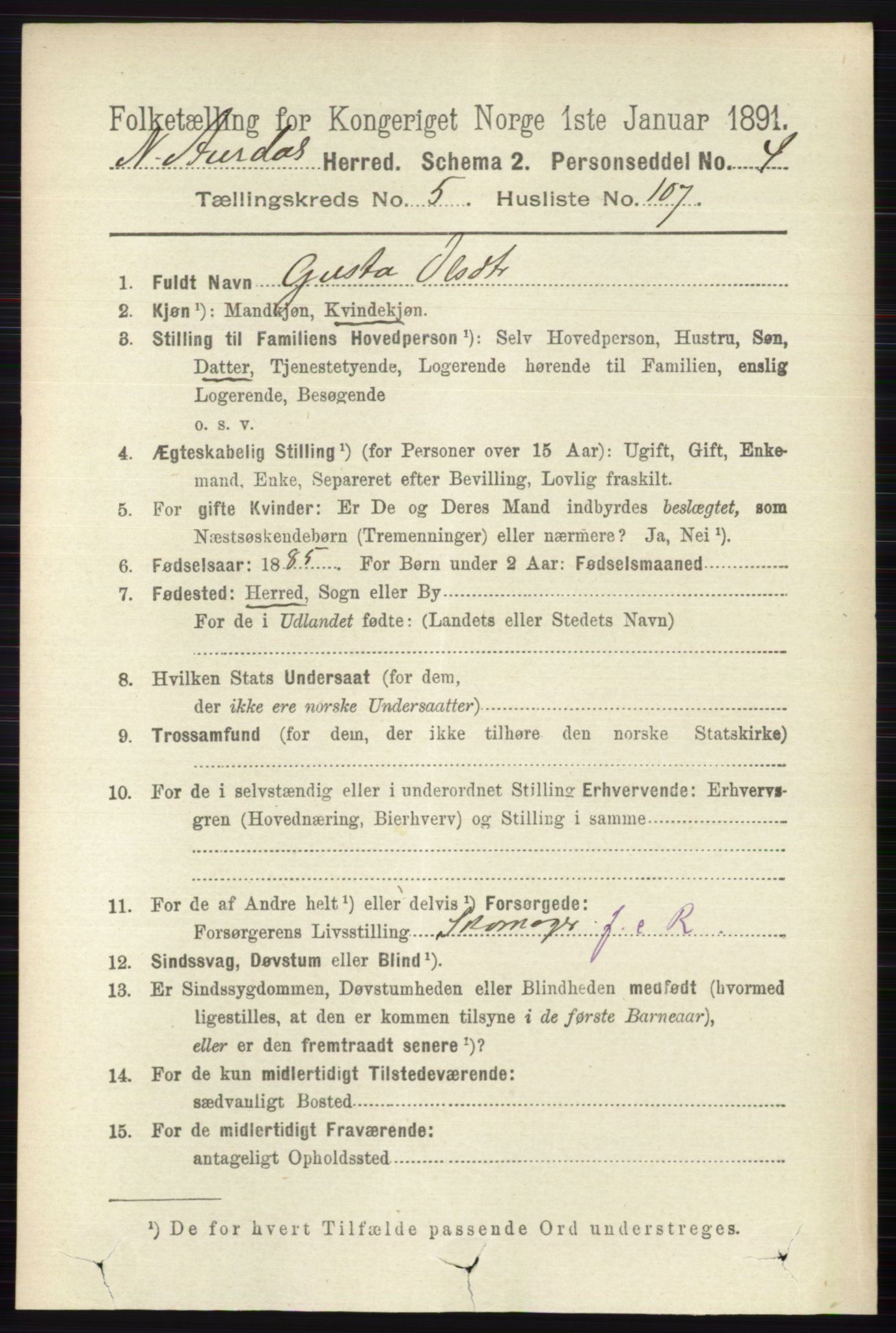 RA, 1891 census for 0542 Nord-Aurdal, 1891, p. 2040