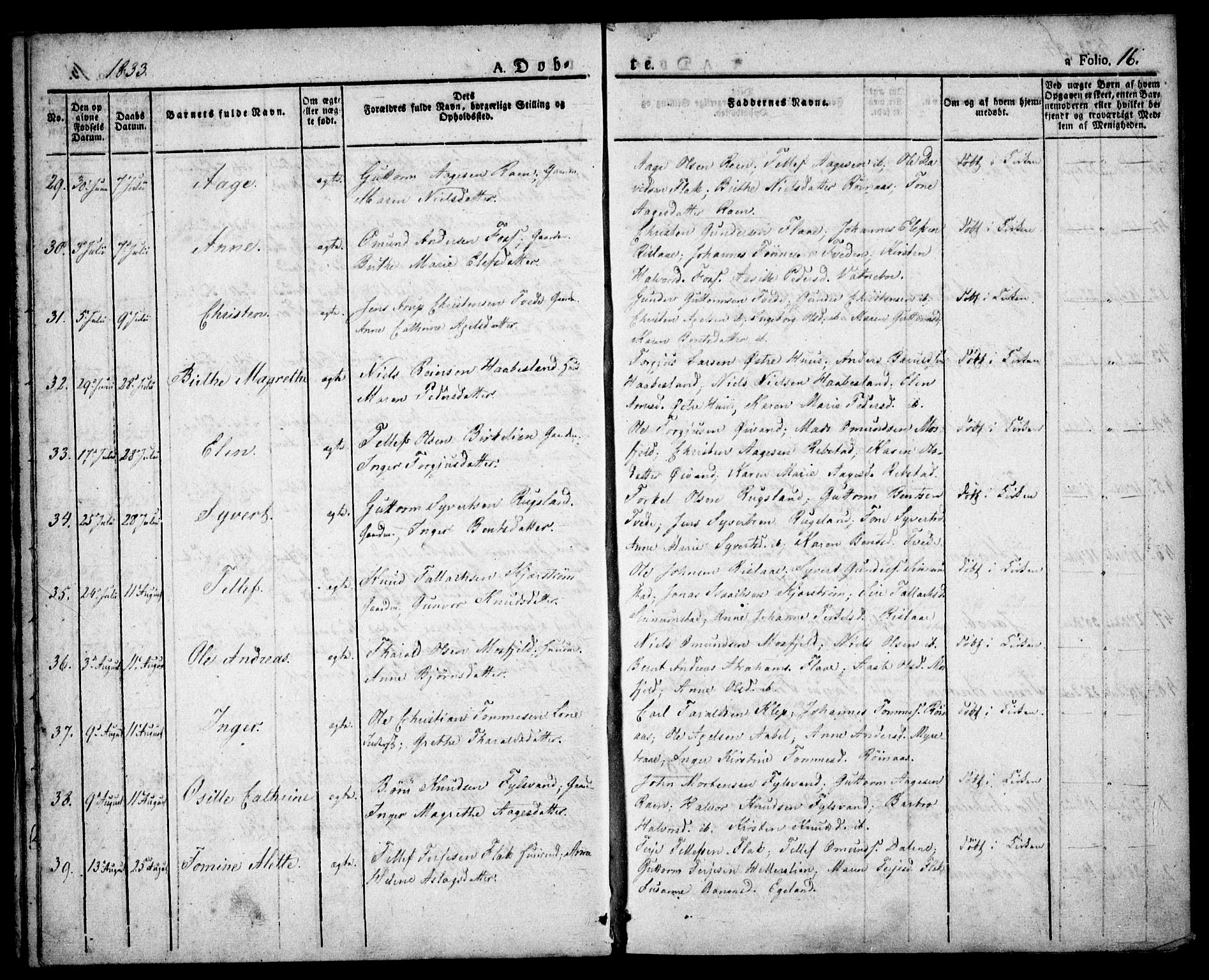 Birkenes sokneprestkontor, AV/SAK-1111-0004/F/Fa/L0001: Parish register (official) no. A 1, 1829-1849, p. 16