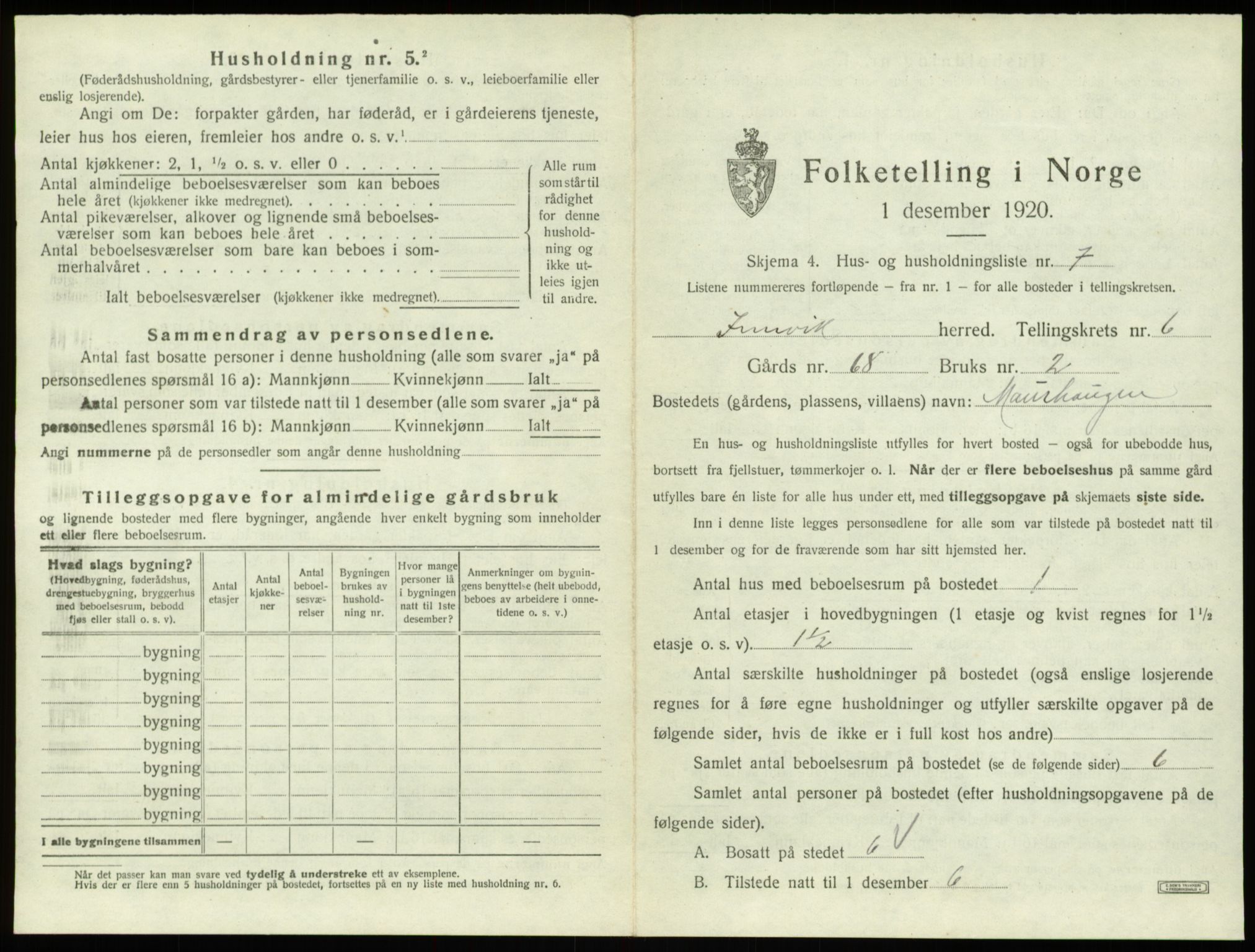 SAB, 1920 census for Innvik, 1920, p. 380