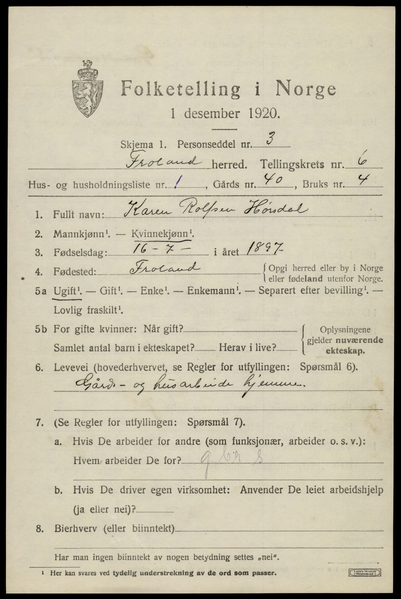 SAK, 1920 census for Froland, 1920, p. 4041