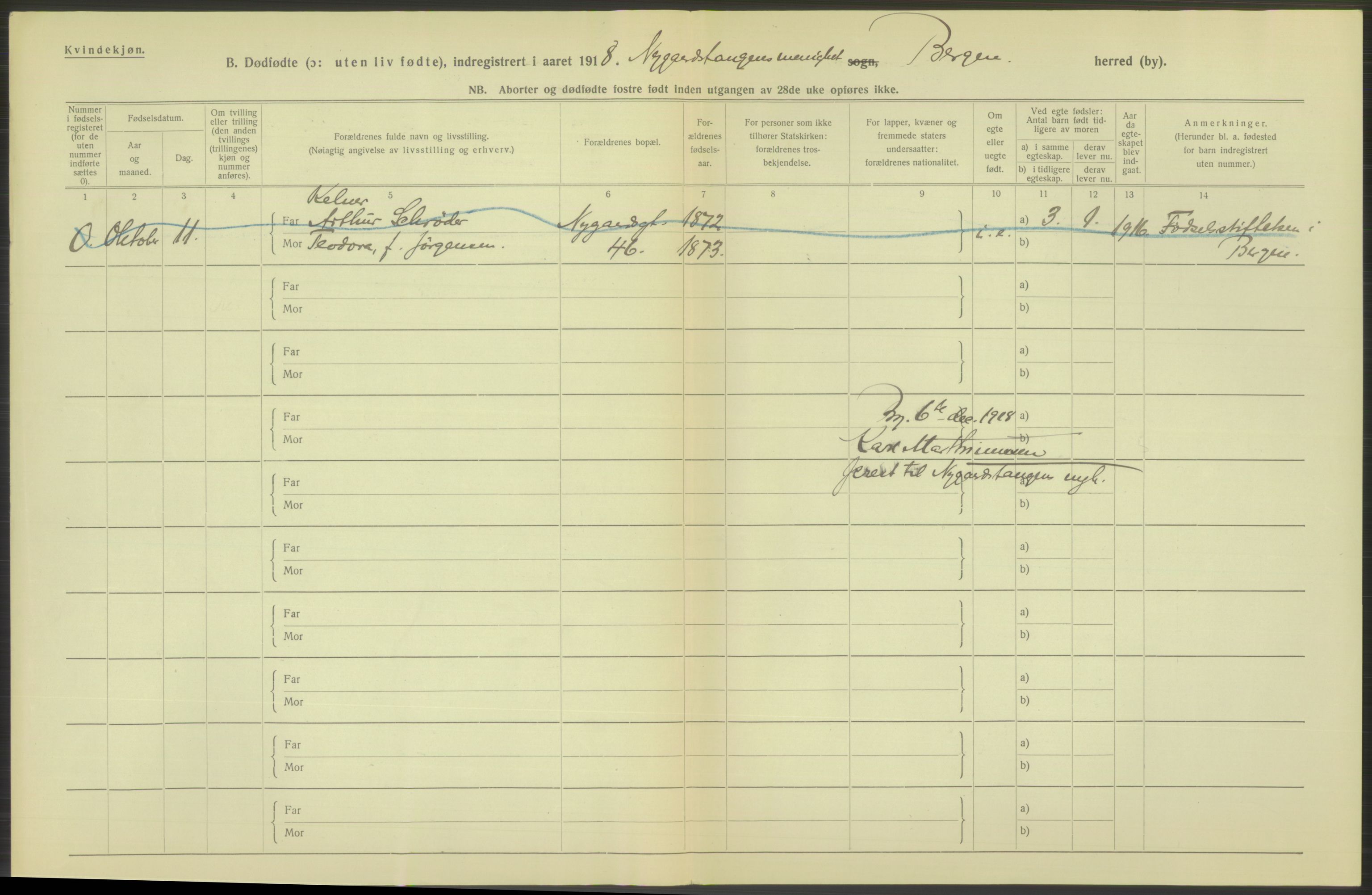 Statistisk sentralbyrå, Sosiodemografiske emner, Befolkning, RA/S-2228/D/Df/Dfb/Dfbh/L0038: Bergen: Gifte, dødfødte., 1918, p. 316