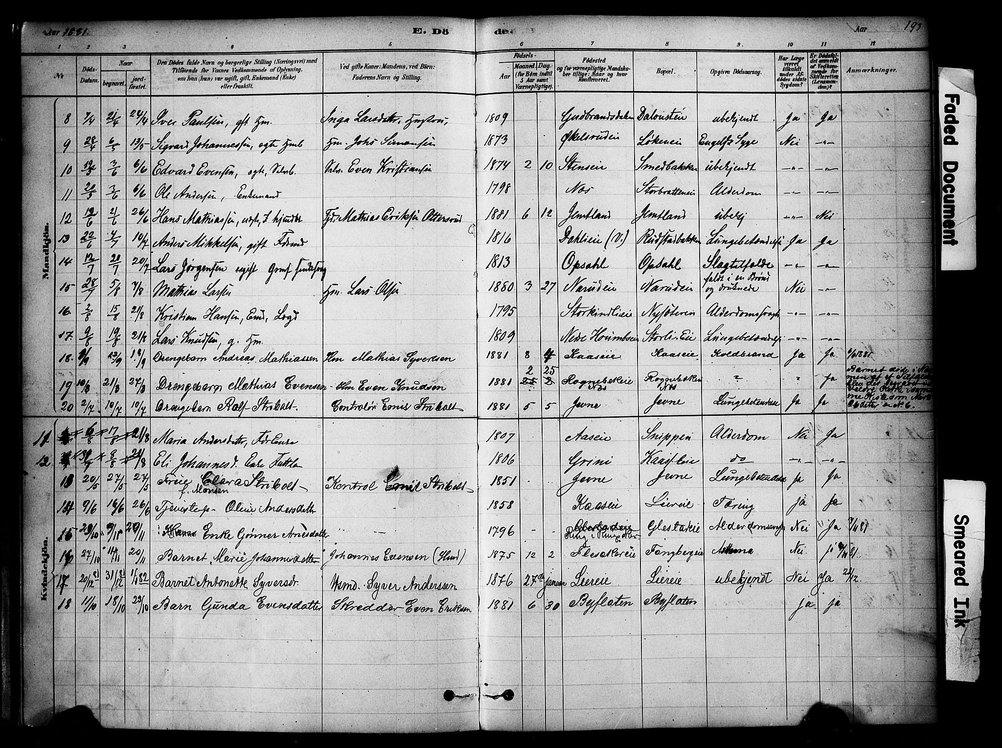 Ringsaker prestekontor, SAH/PREST-014/K/Ka/L0014: Parish register (official) no. 14, 1879-1890, p. 193