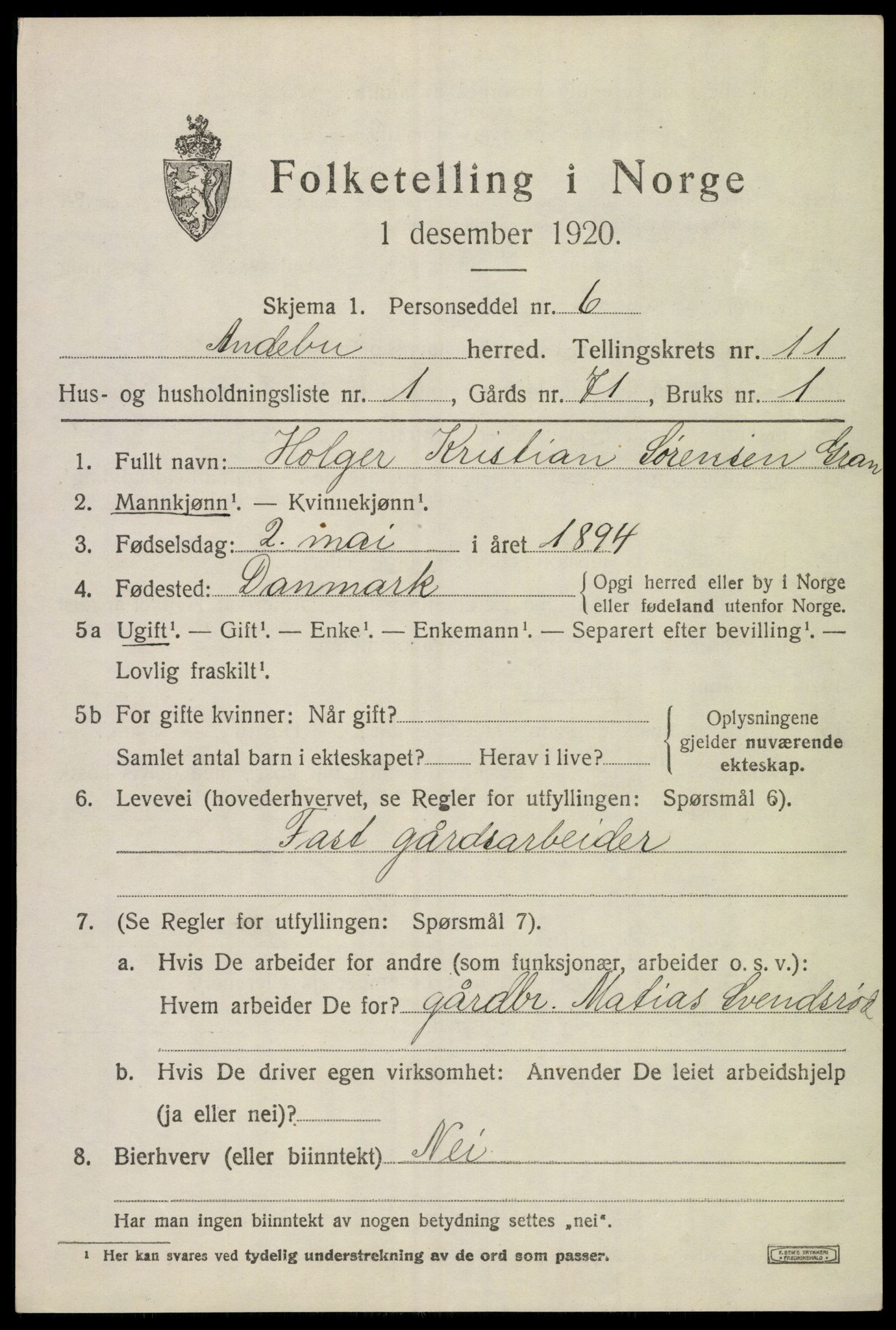 SAKO, 1920 census for Andebu, 1920, p. 4124