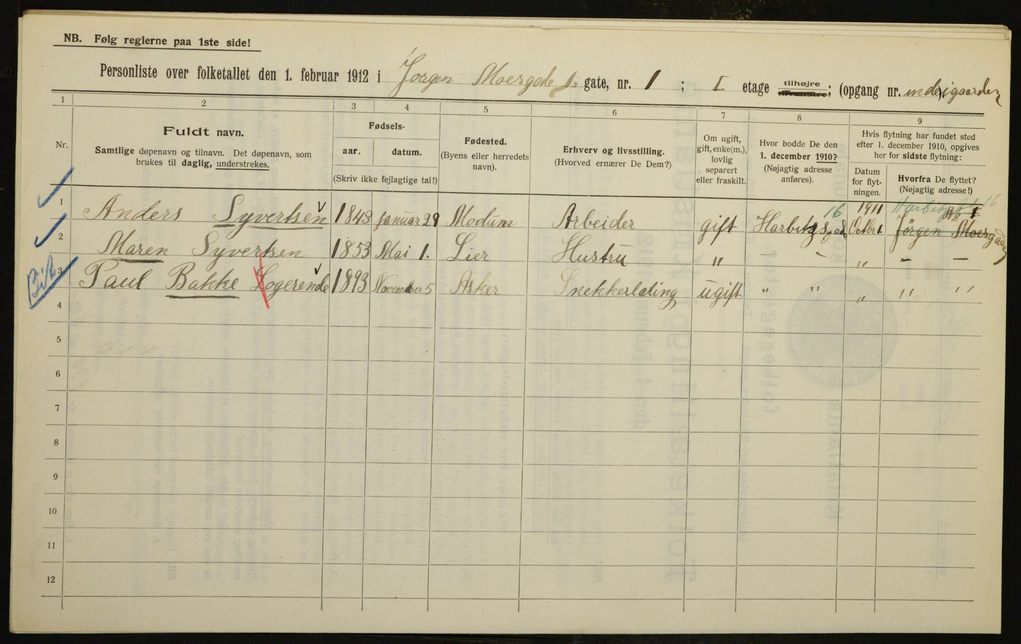 OBA, Municipal Census 1912 for Kristiania, 1912, p. 48015