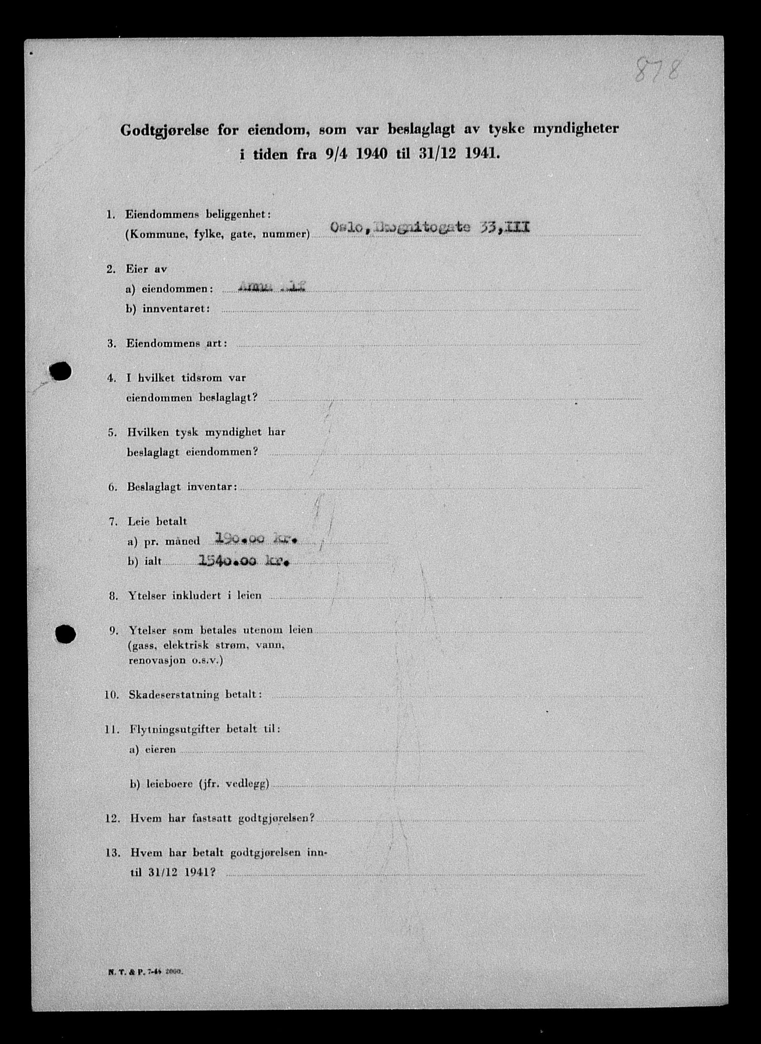 Justisdepartementet, Tilbakeføringskontoret for inndratte formuer, AV/RA-S-1564/I/L1010: Godtgjørelse for beslaglagt eiendom, 1940-1941, p. 311