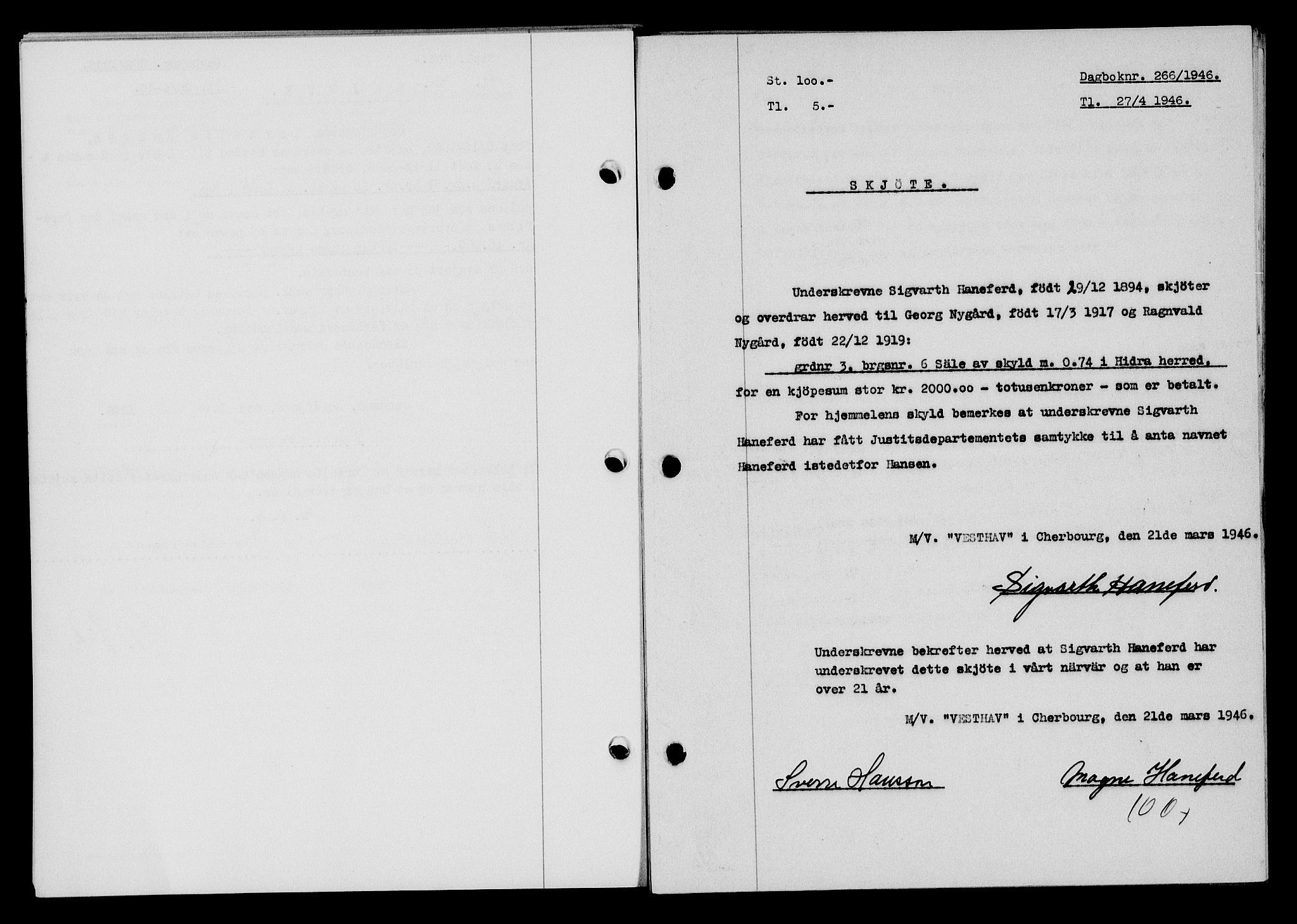 Flekkefjord sorenskriveri, AV/SAK-1221-0001/G/Gb/Gba/L0060: Mortgage book no. A-8, 1945-1946, Diary no: : 266/1946