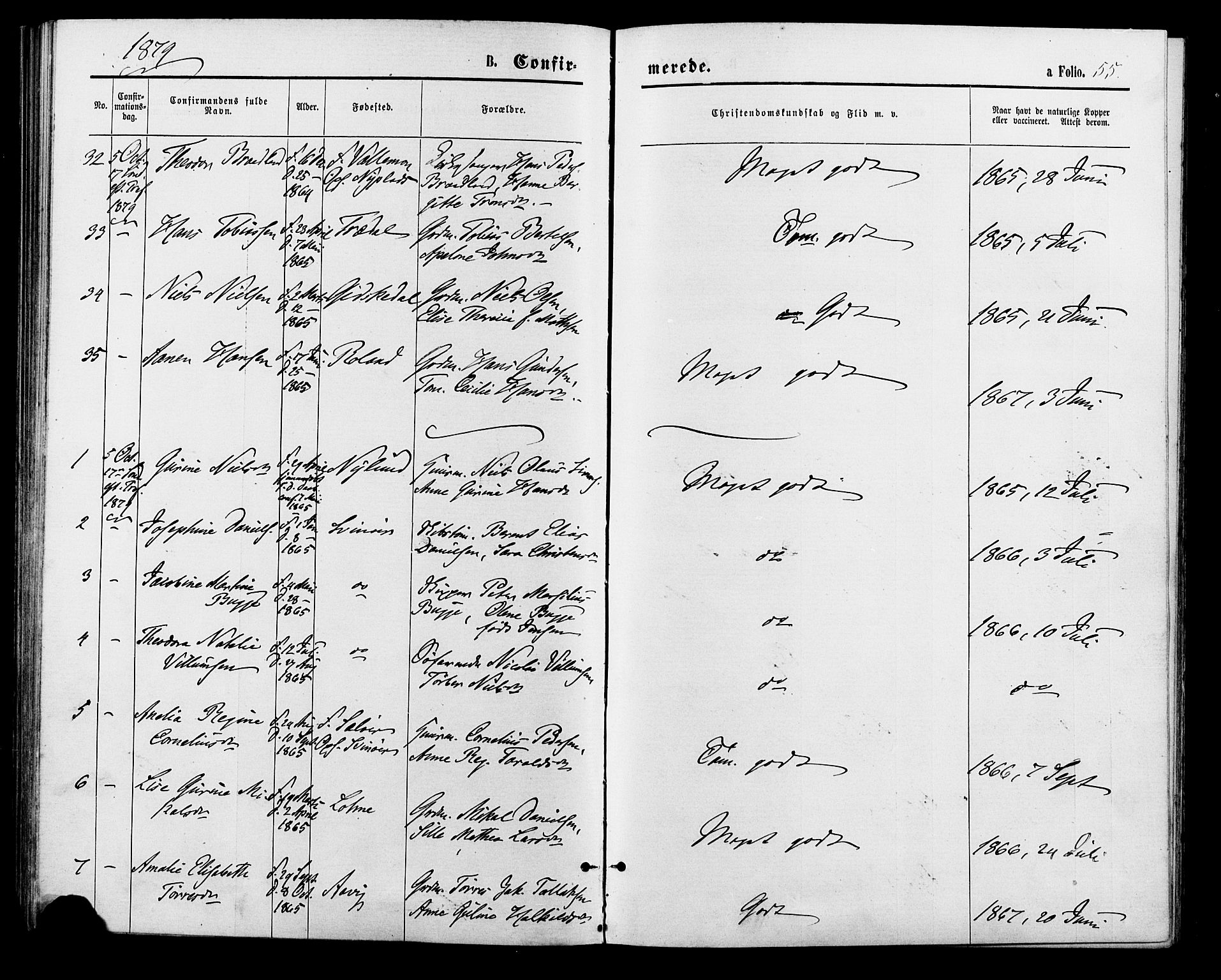 Sør-Audnedal sokneprestkontor, SAK/1111-0039/F/Fa/Fab/L0008: Parish register (official) no. A 8, 1876-1881, p. 55