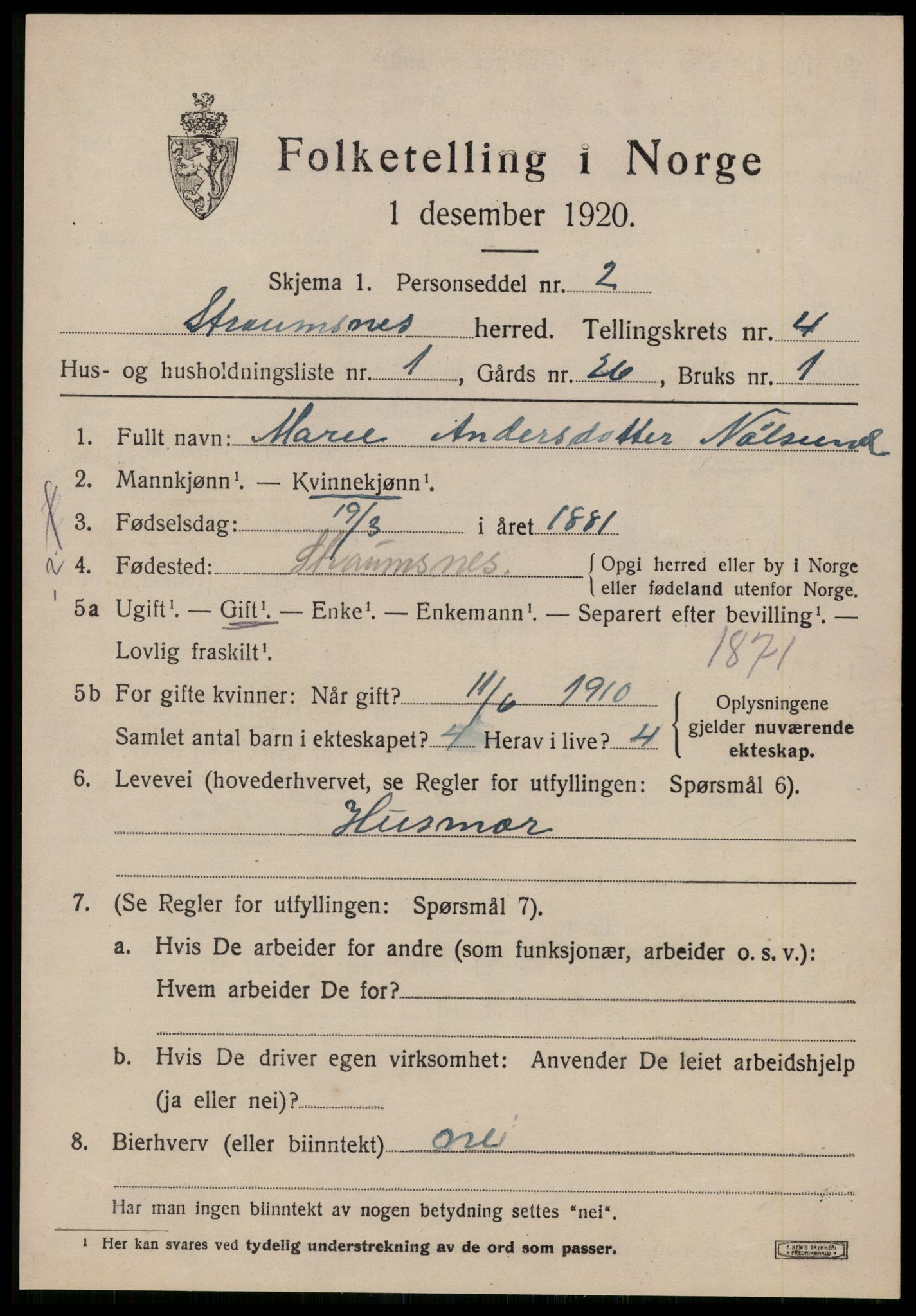 SAT, 1920 census for Straumsnes, 1920, p. 1545