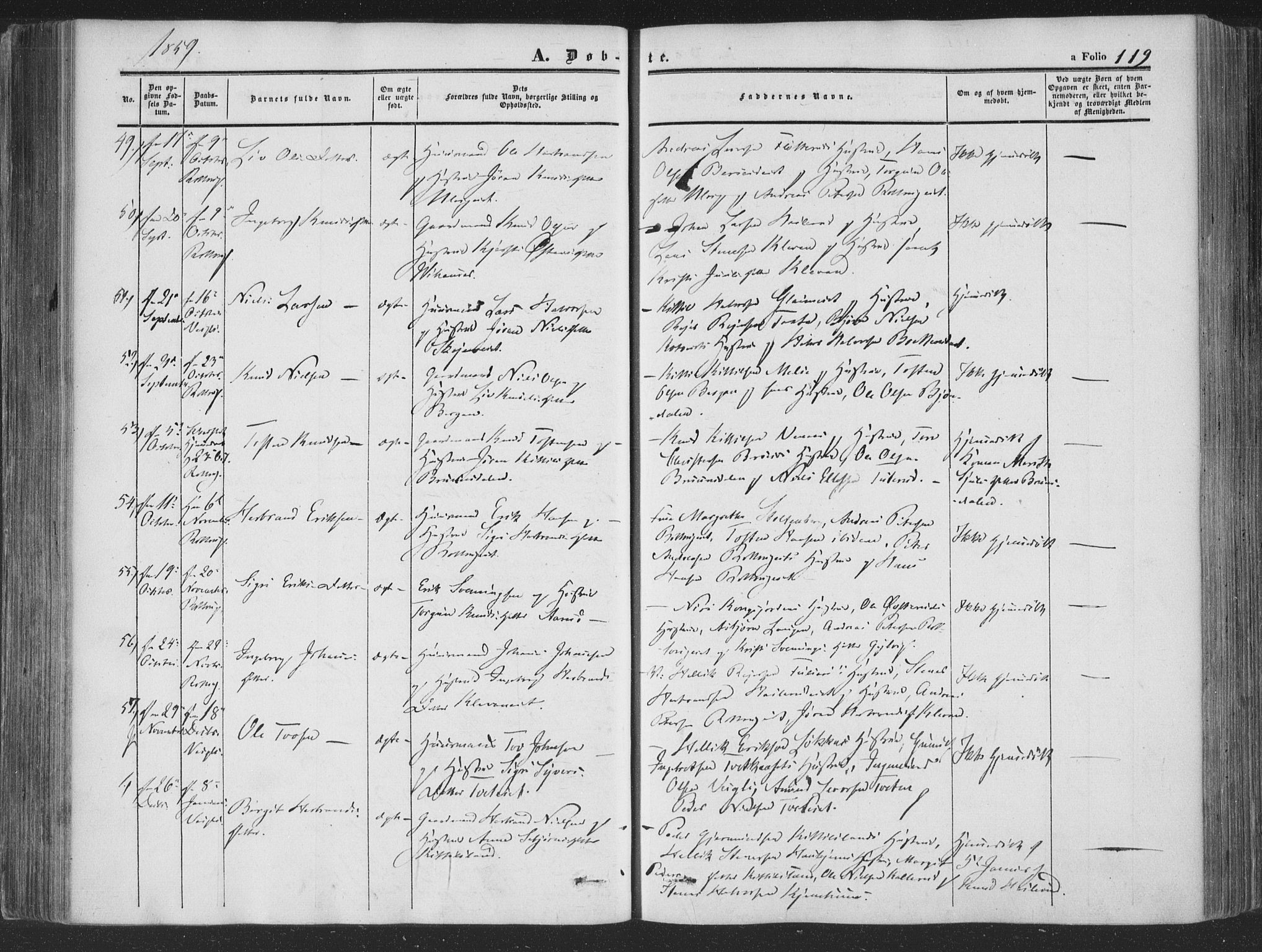 Rollag kirkebøker, SAKO/A-240/F/Fa/L0008: Parish register (official) no. I 8, 1847-1860, p. 119