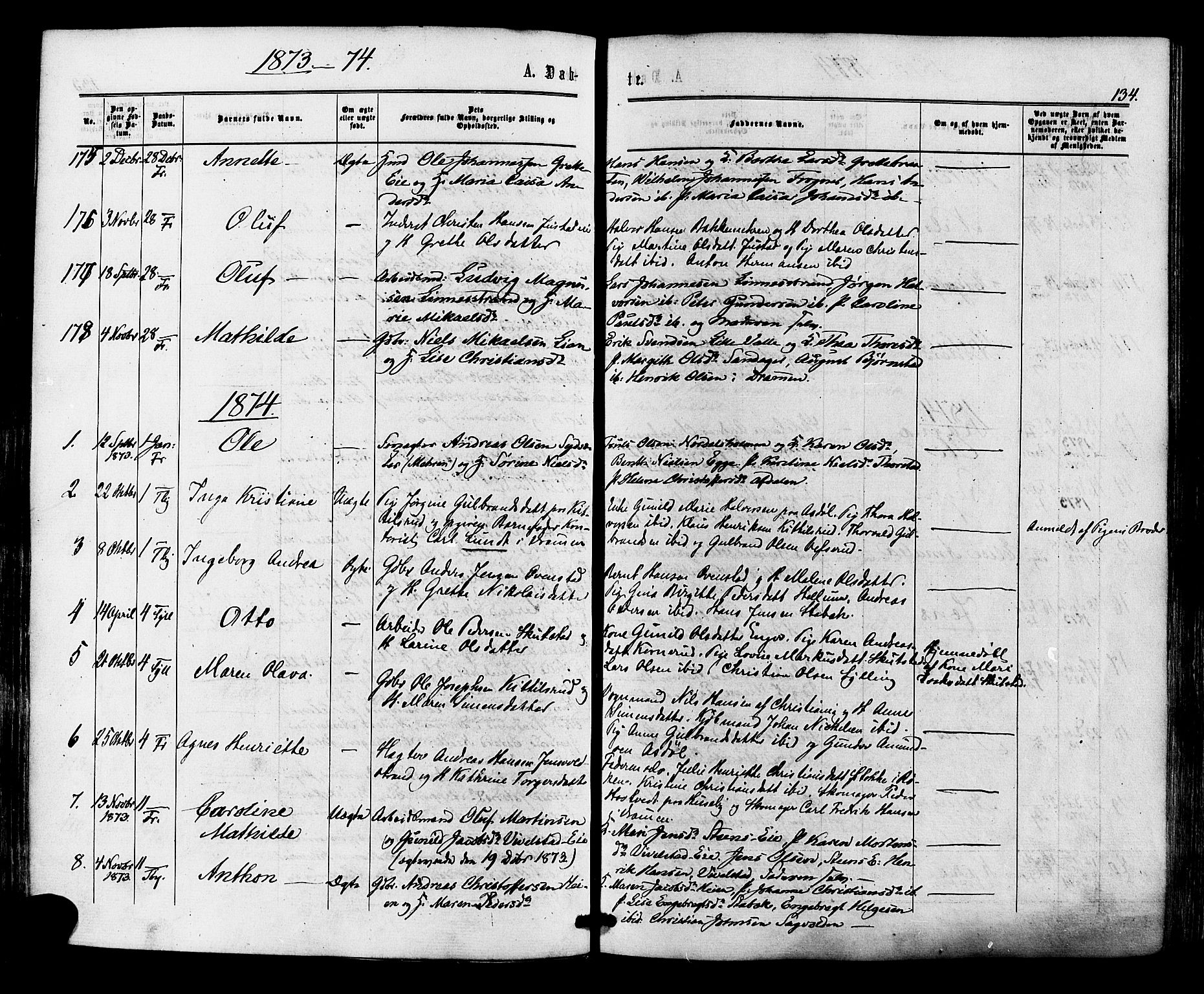 Lier kirkebøker, AV/SAKO-A-230/F/Fa/L0013: Parish register (official) no. I 13, 1865-1874, p. 134