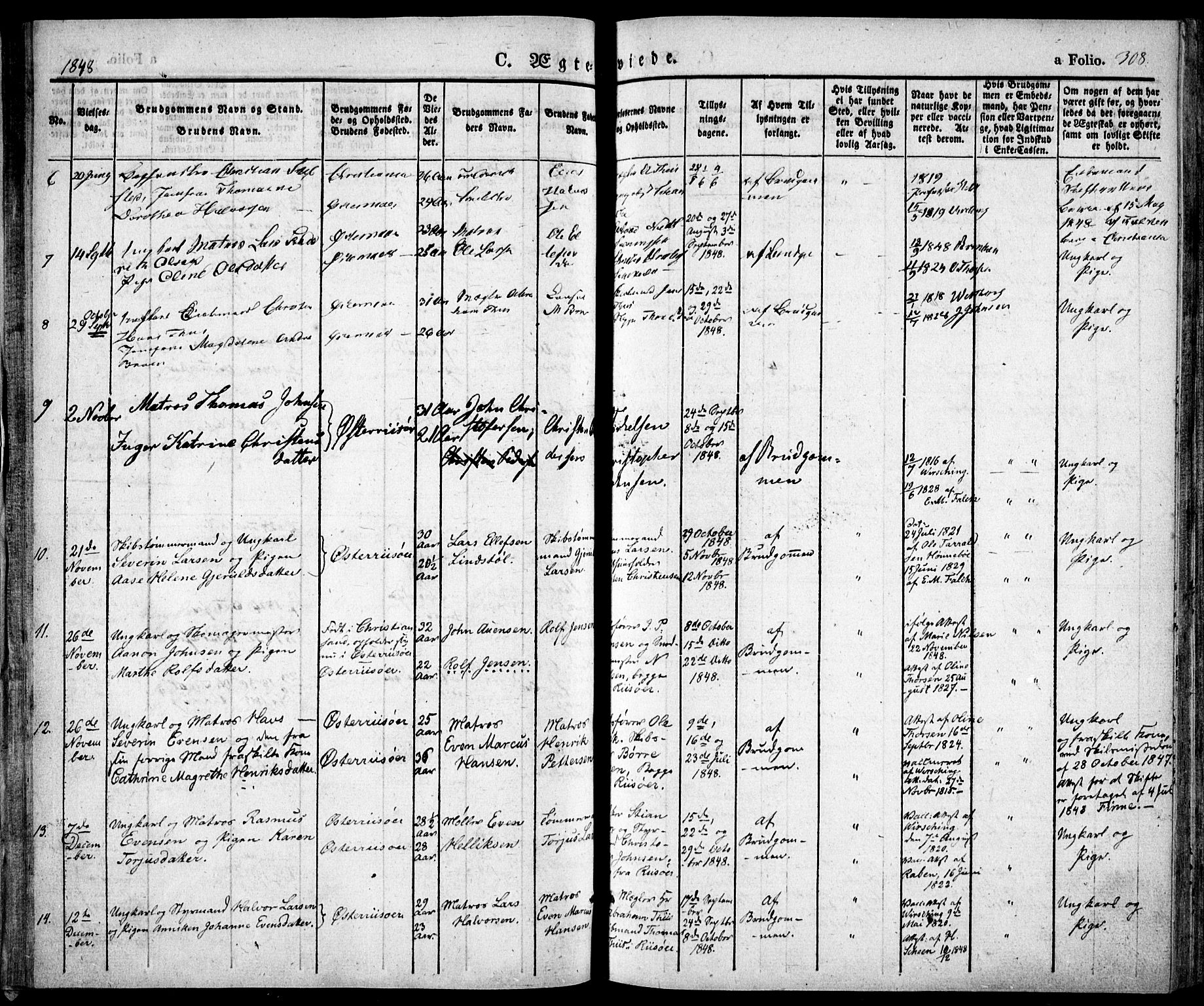 Risør sokneprestkontor, AV/SAK-1111-0035/F/Fa/L0003: Parish register (official) no. A 3, 1838-1864, p. 308