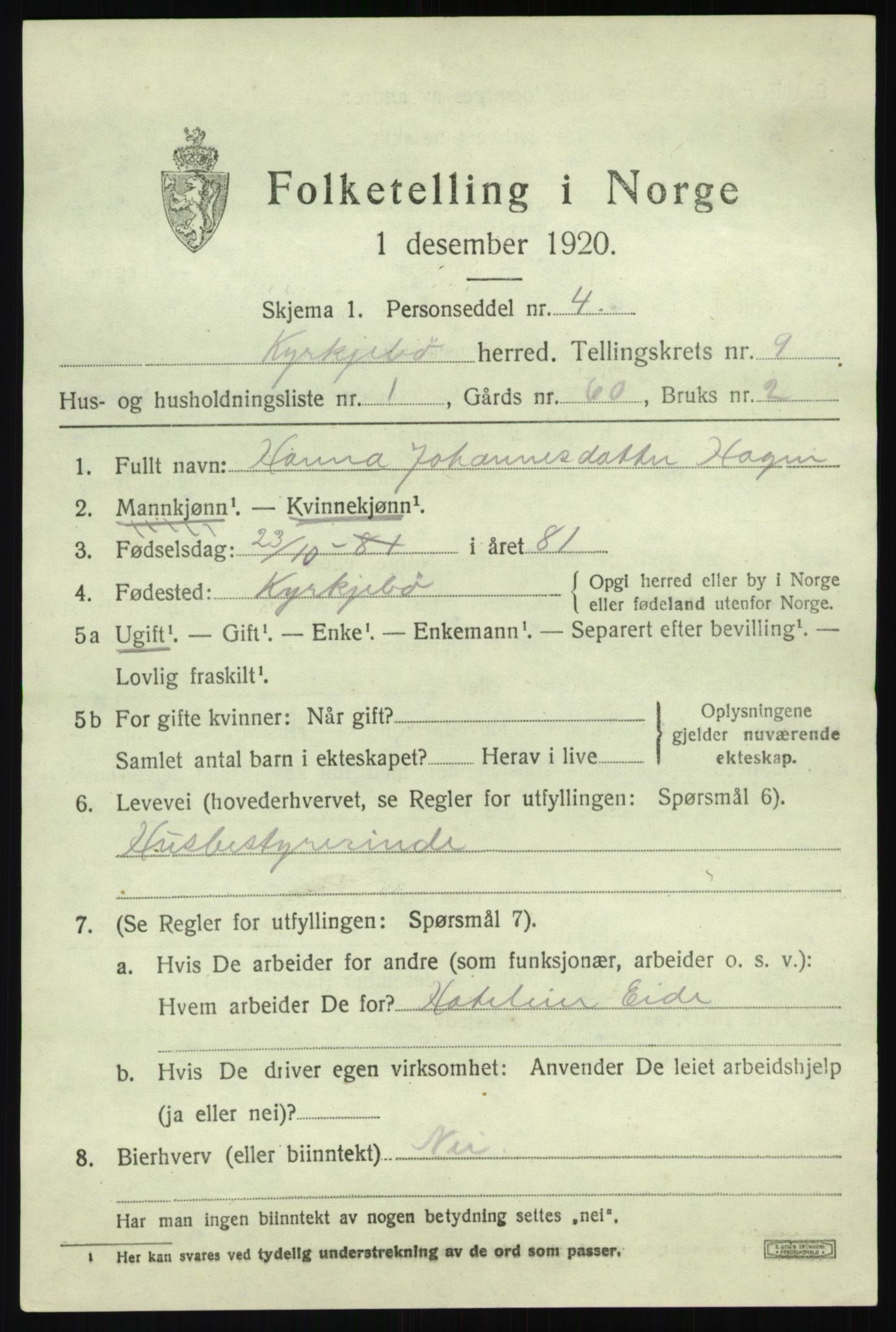 SAB, 1920 census for Kyrkjebø, 1920, p. 3863