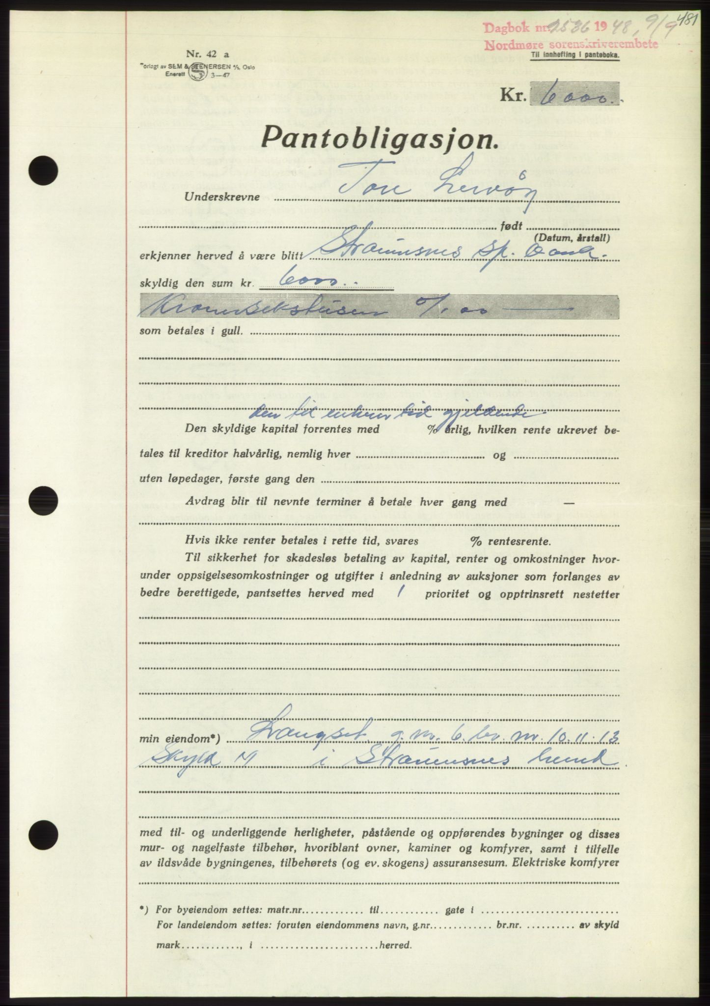 Nordmøre sorenskriveri, AV/SAT-A-4132/1/2/2Ca: Mortgage book no. B99, 1948-1948, Diary no: : 2536/1948