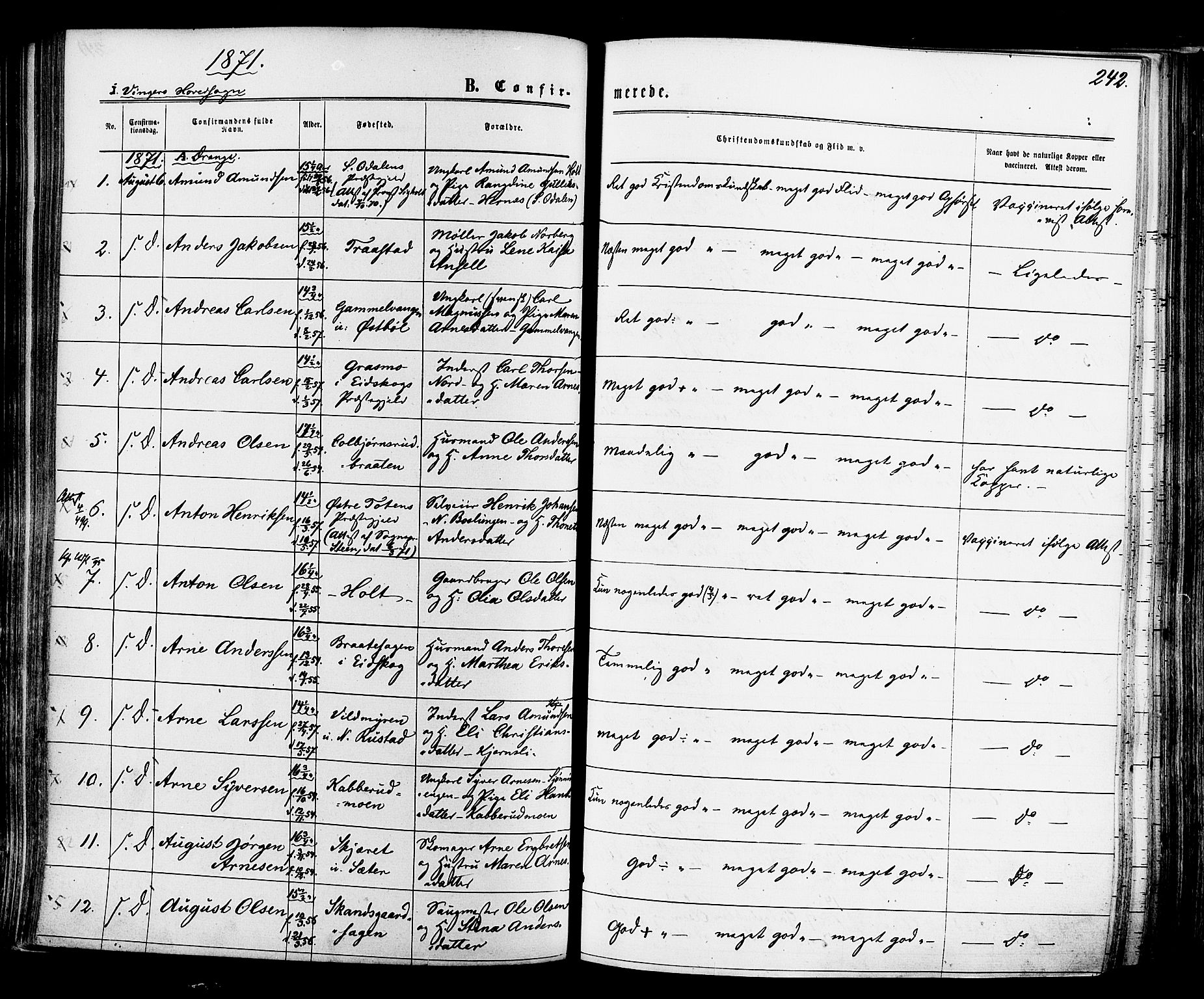 Vinger prestekontor, SAH/PREST-024/H/Ha/Haa/L0012: Parish register (official) no. 12, 1871-1880, p. 242