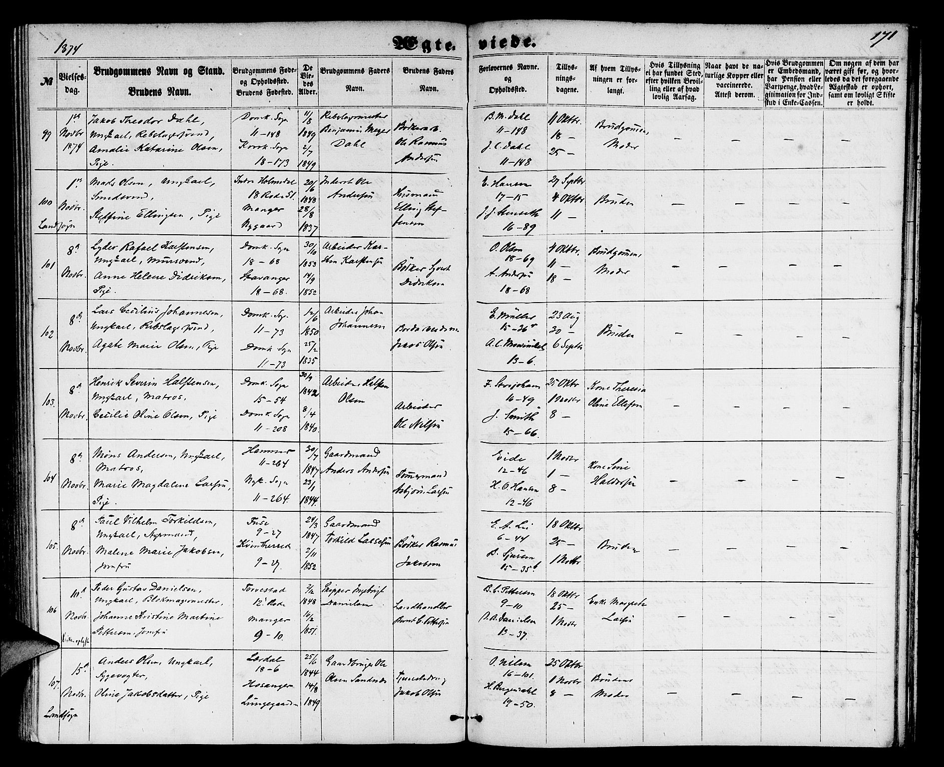 Domkirken sokneprestembete, AV/SAB-A-74801/H/Hab/L0030: Parish register (copy) no. D 2, 1857-1876, p. 171