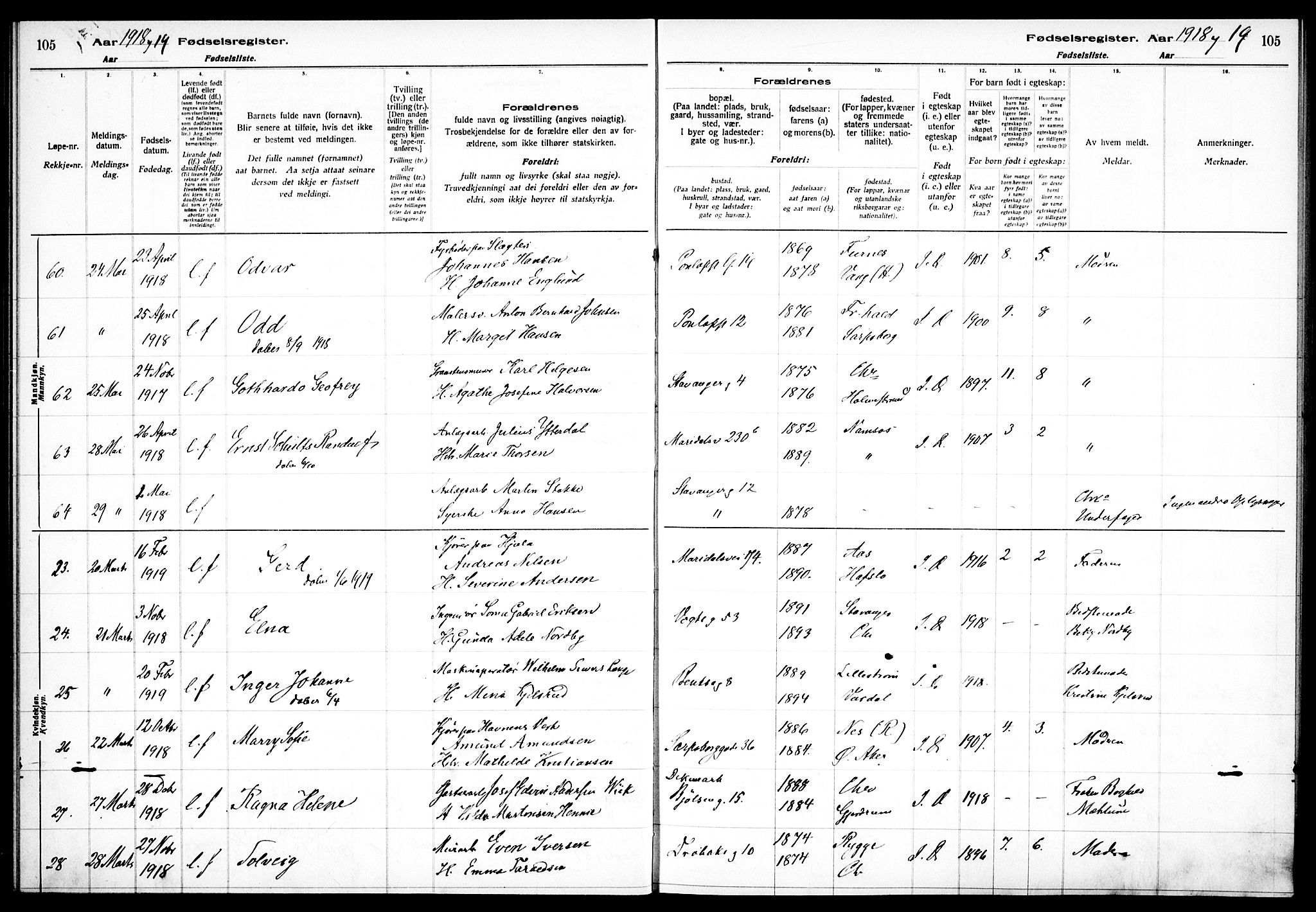 Sagene prestekontor Kirkebøker, AV/SAO-A-10796/J/L0001: Birth register no. 1, 1916-1920, p. 105