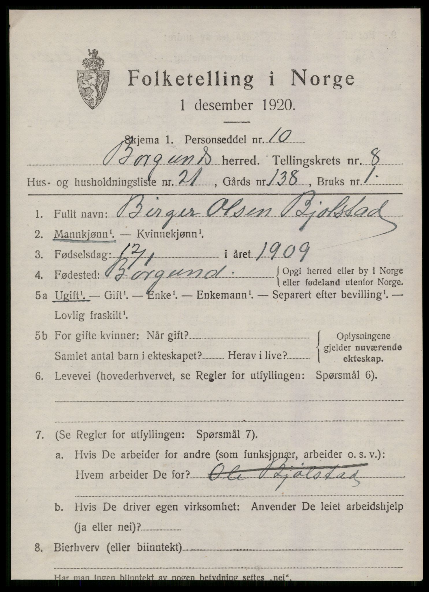 SAT, 1920 census for Borgund, 1920, p. 7588