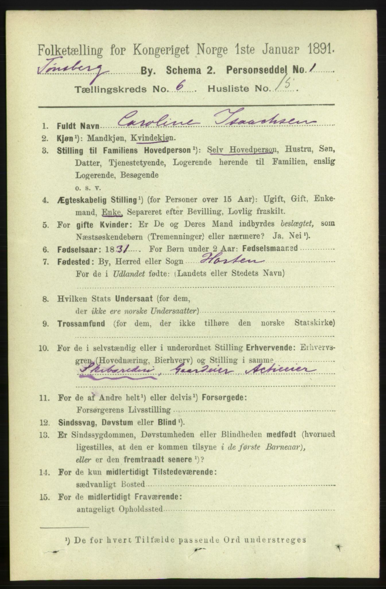 RA, 1891 census for 0705 Tønsberg, 1891, p. 2698