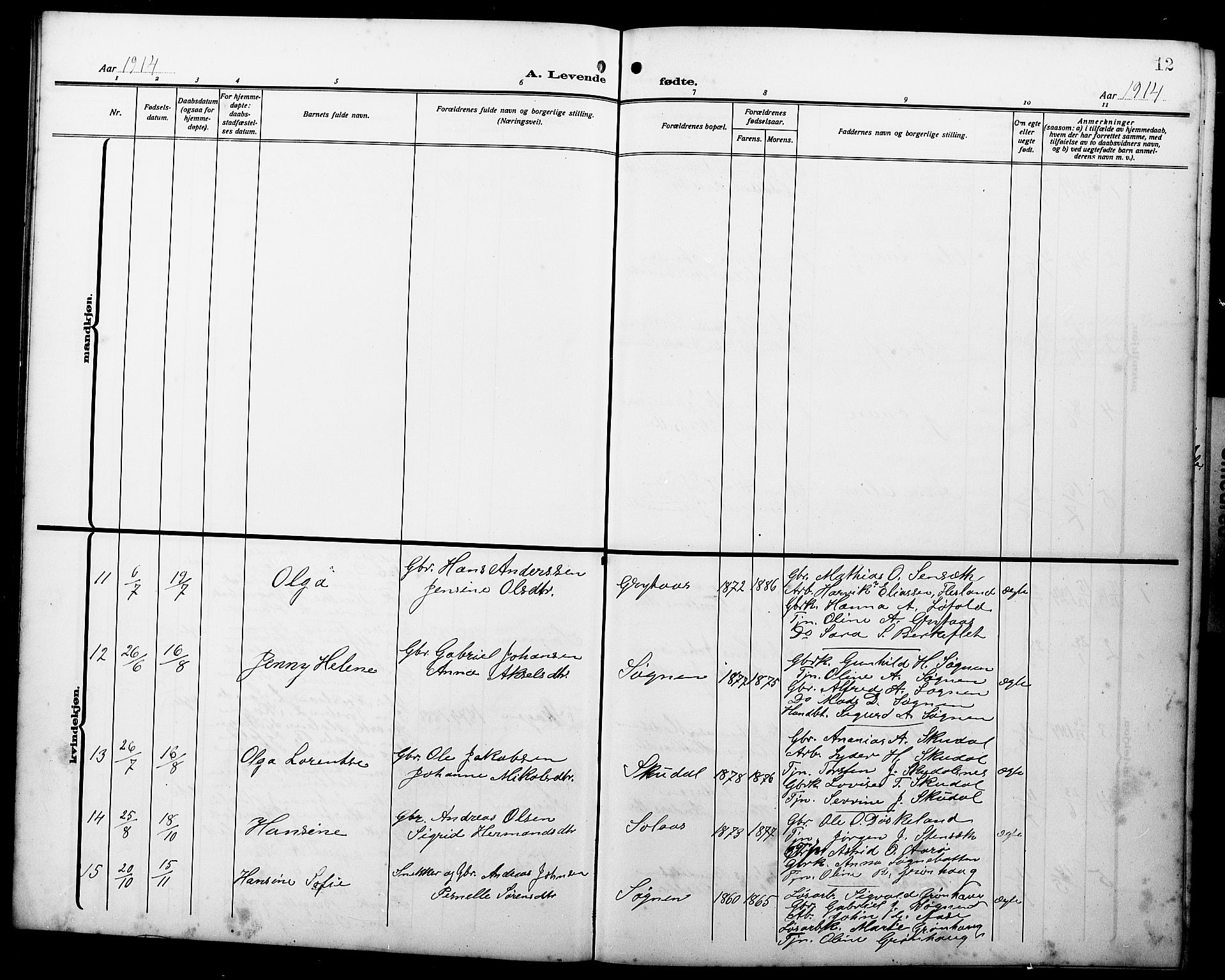 Gaular sokneprestembete, AV/SAB-A-80001/H/Hab: Parish register (copy) no. A 5, 1912-1930, p. 12