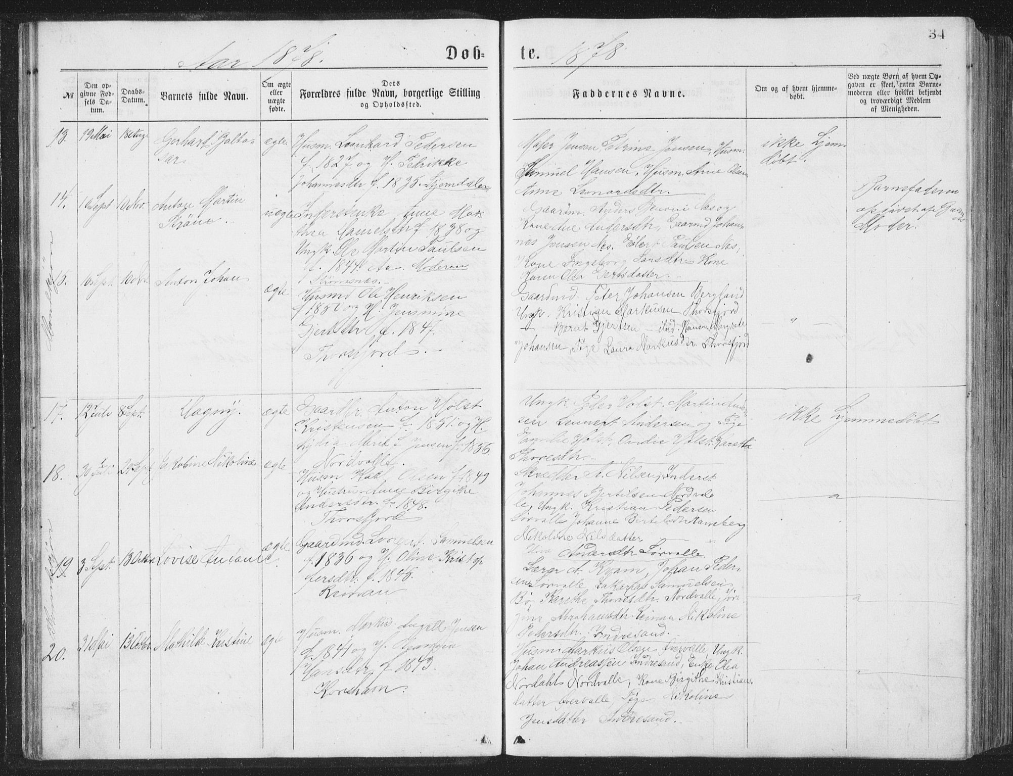 Ministerialprotokoller, klokkerbøker og fødselsregistre - Nordland, AV/SAT-A-1459/885/L1213: Parish register (copy) no. 885C02, 1874-1892, p. 34