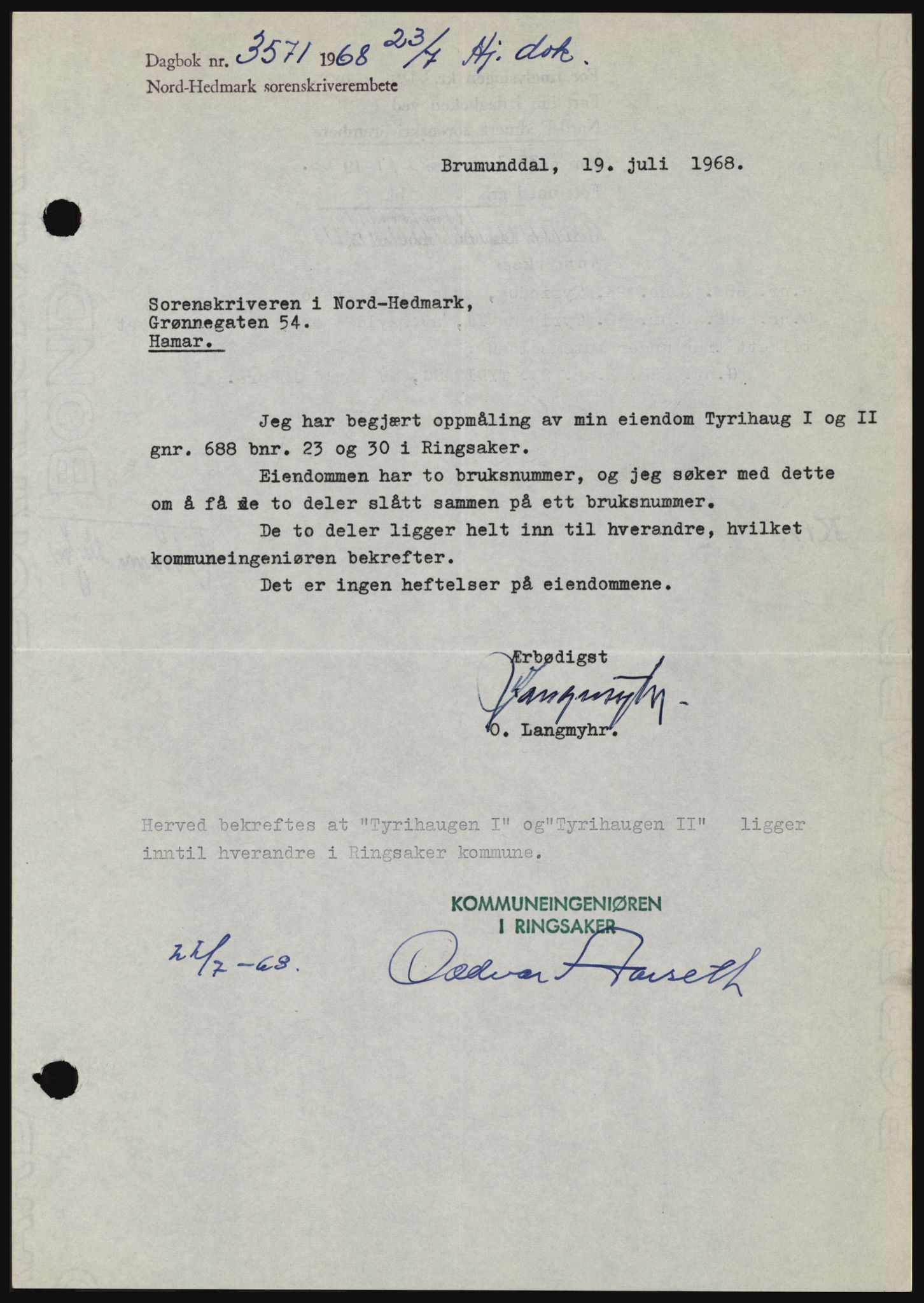 Nord-Hedmark sorenskriveri, AV/SAH-TING-012/H/Hc/L0028: Mortgage book no. 28, 1968-1968, Diary no: : 3571/1968