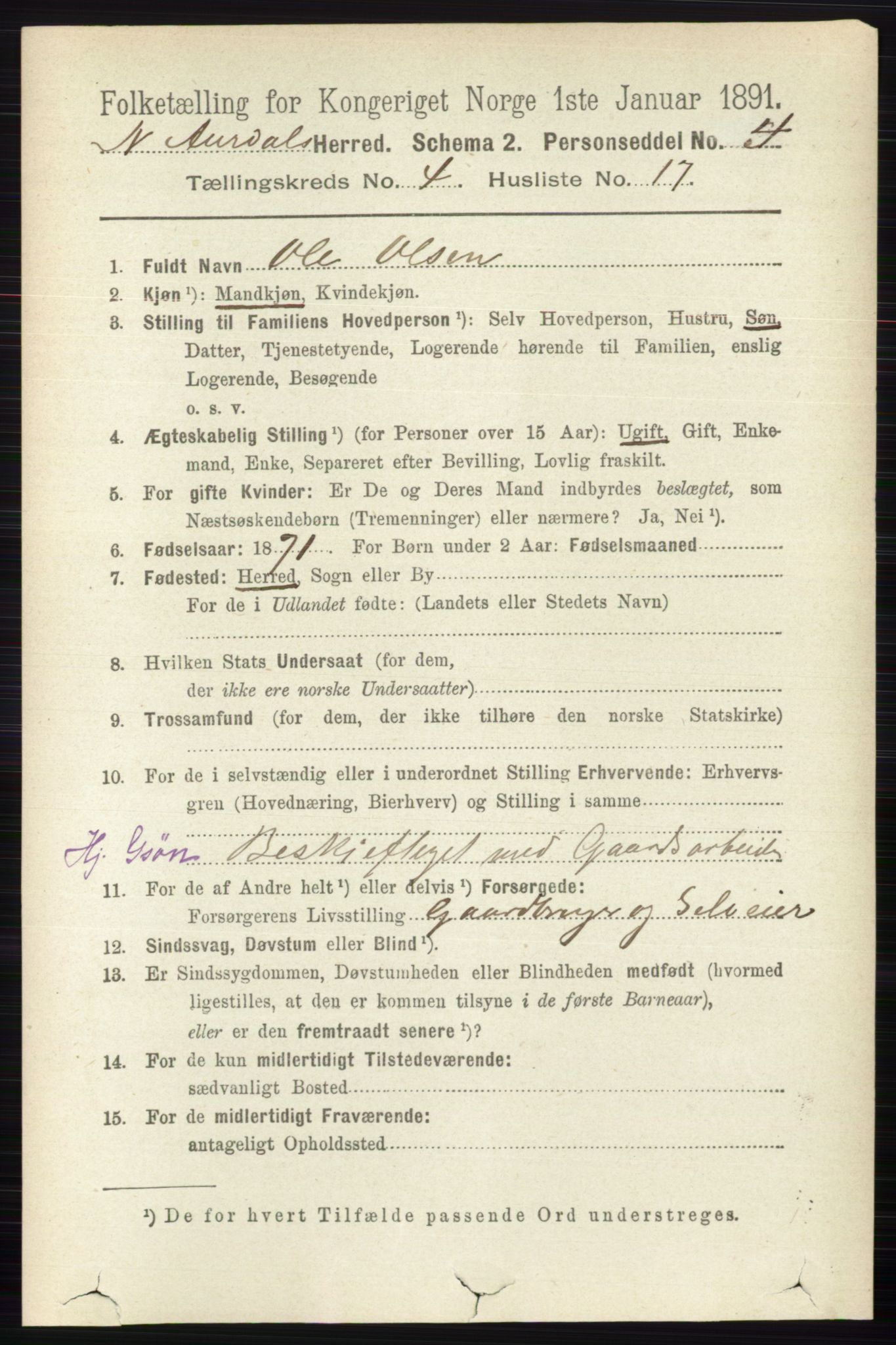 RA, 1891 census for 0542 Nord-Aurdal, 1891, p. 1235