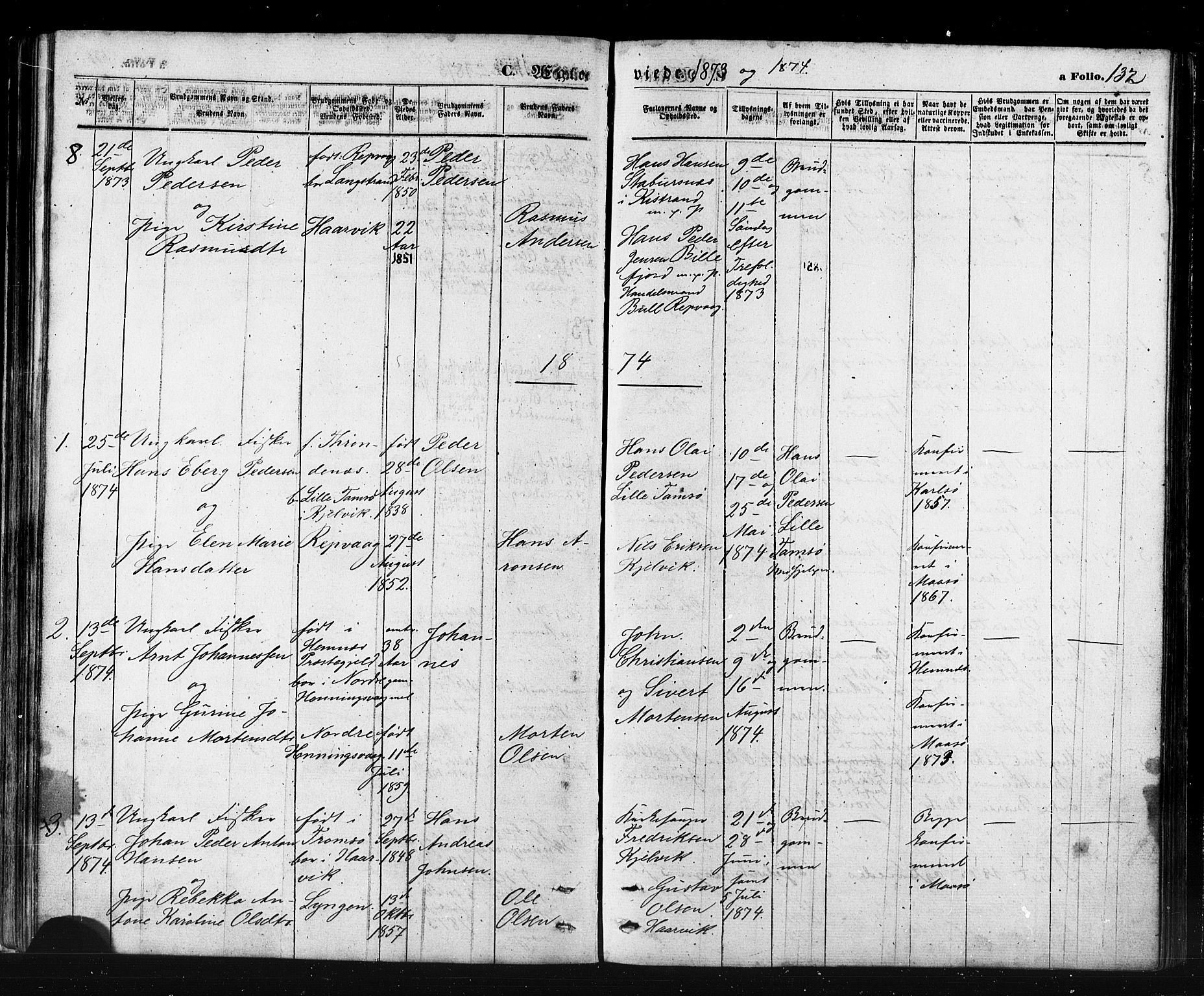 Måsøy sokneprestkontor, AV/SATØ-S-1348/H/Ha/L0006kirke: Parish register (official) no. 6, 1861-1886, p. 132