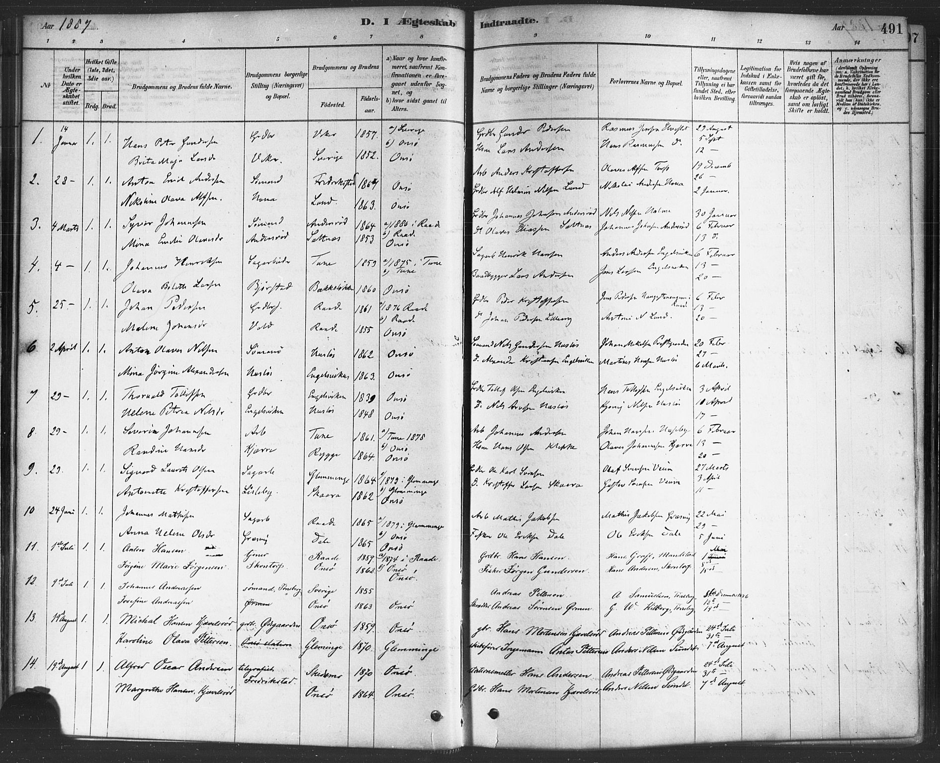Onsøy prestekontor Kirkebøker, SAO/A-10914/F/Fa/L0006: Parish register (official) no. I 6, 1878-1898, p. 491