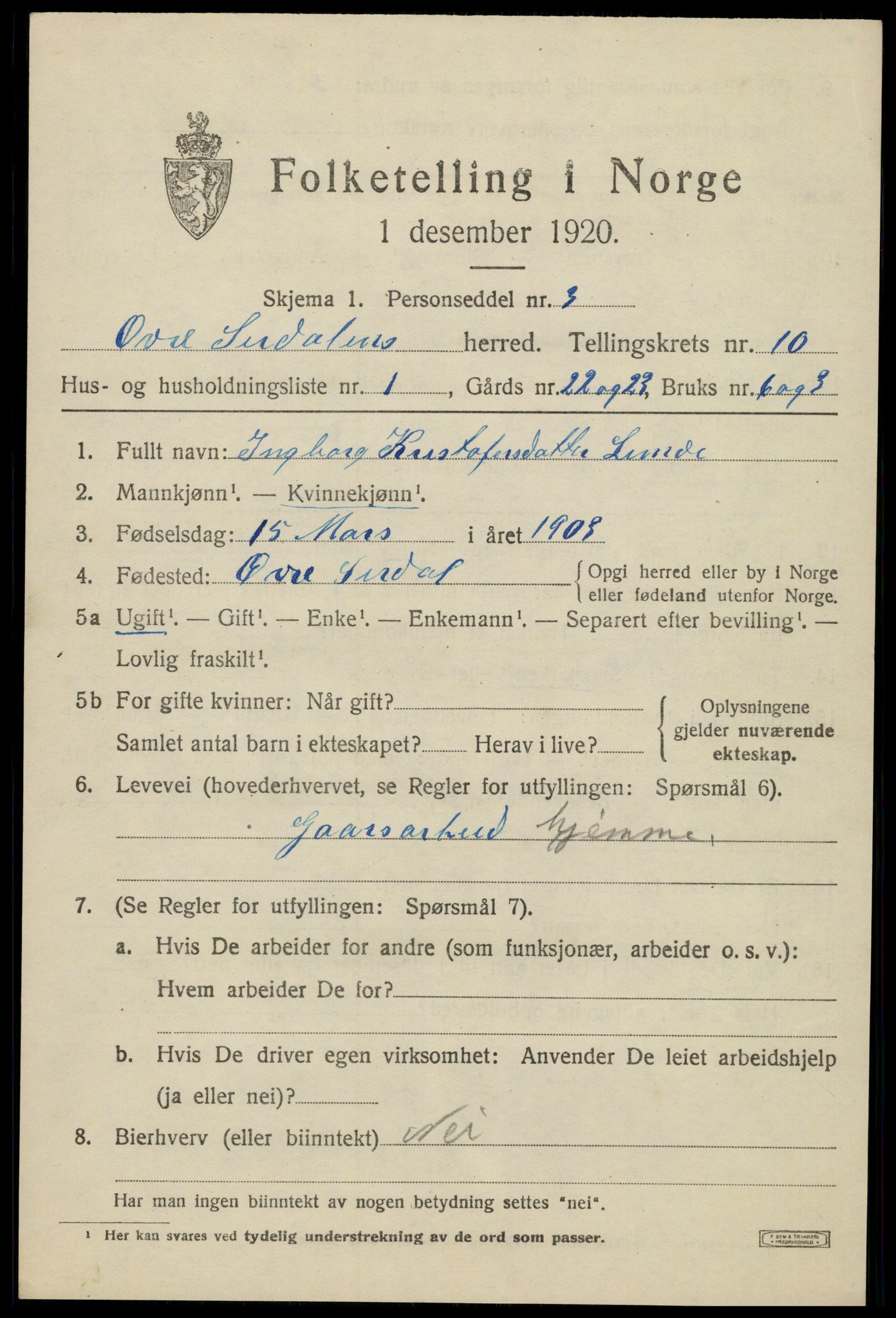 SAK, 1920 census for Øvre Sirdal, 1920, p. 1663