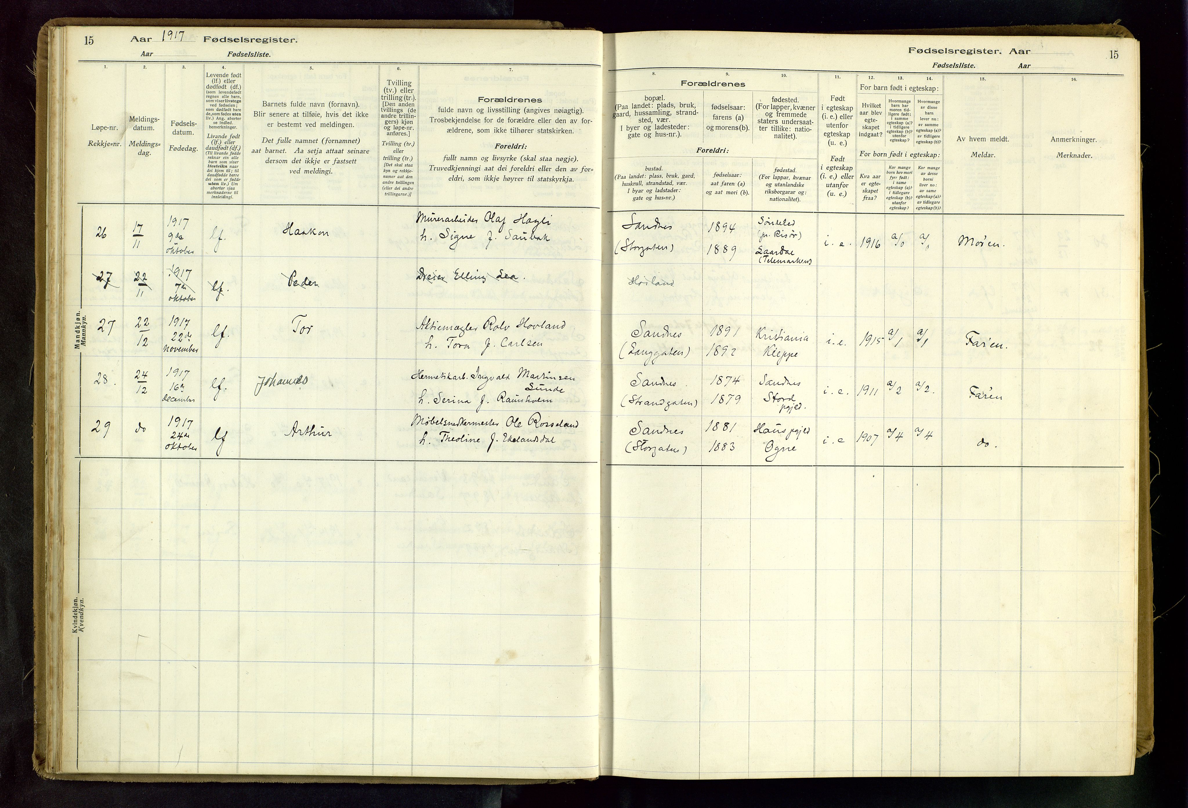 Sandnes sokneprestkontor, AV/SAST-A-101800/704BA/L0001: Birth register no. 1, 1916-1942, p. 15