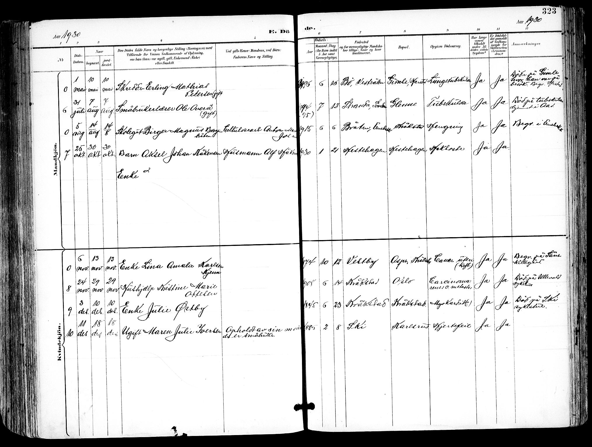 Kråkstad prestekontor Kirkebøker, SAO/A-10125a/F/Fa/L0010: Parish register (official) no. I 10, 1893-1931, p. 323