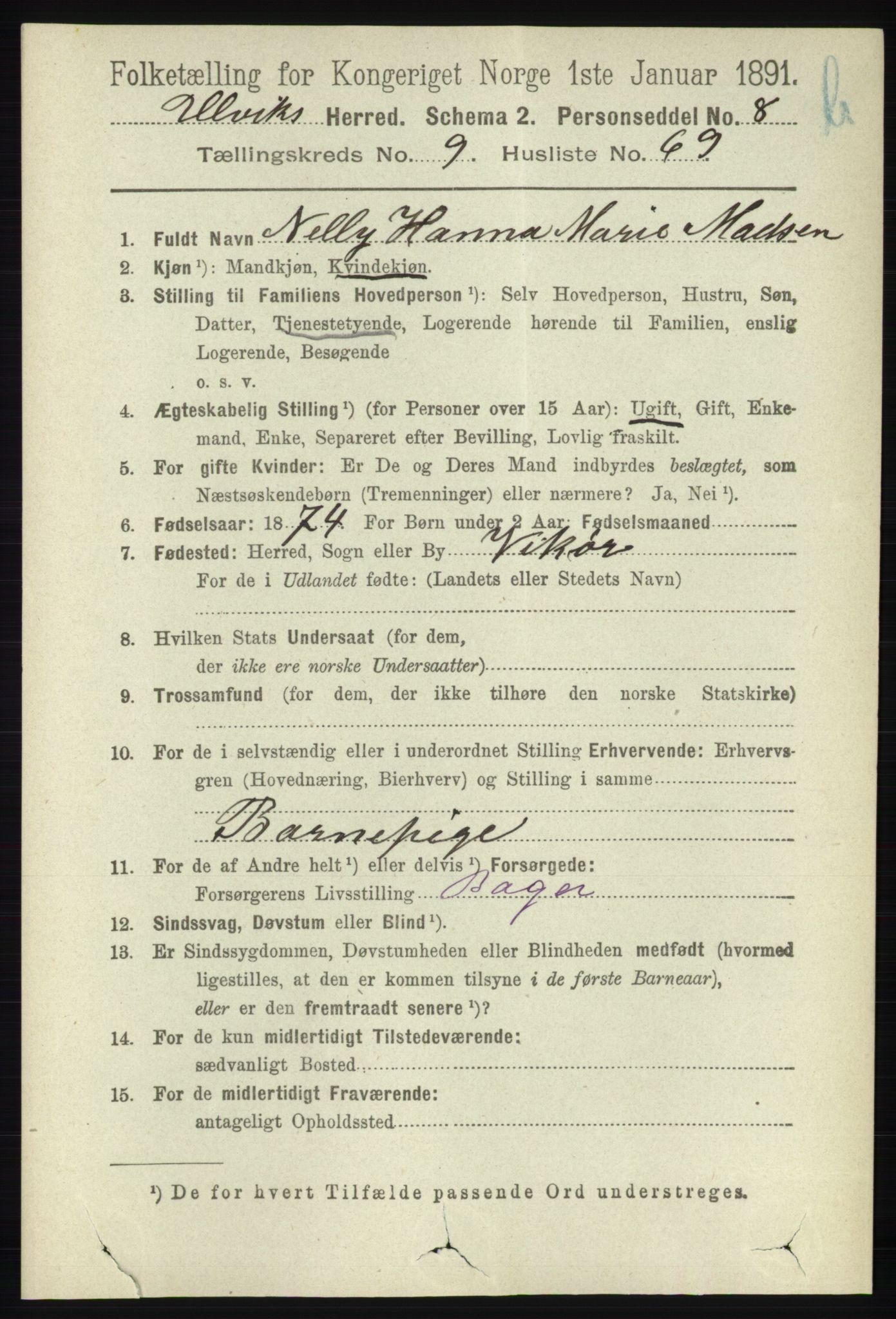 RA, 1891 census for 1233 Ulvik, 1891, p. 3181