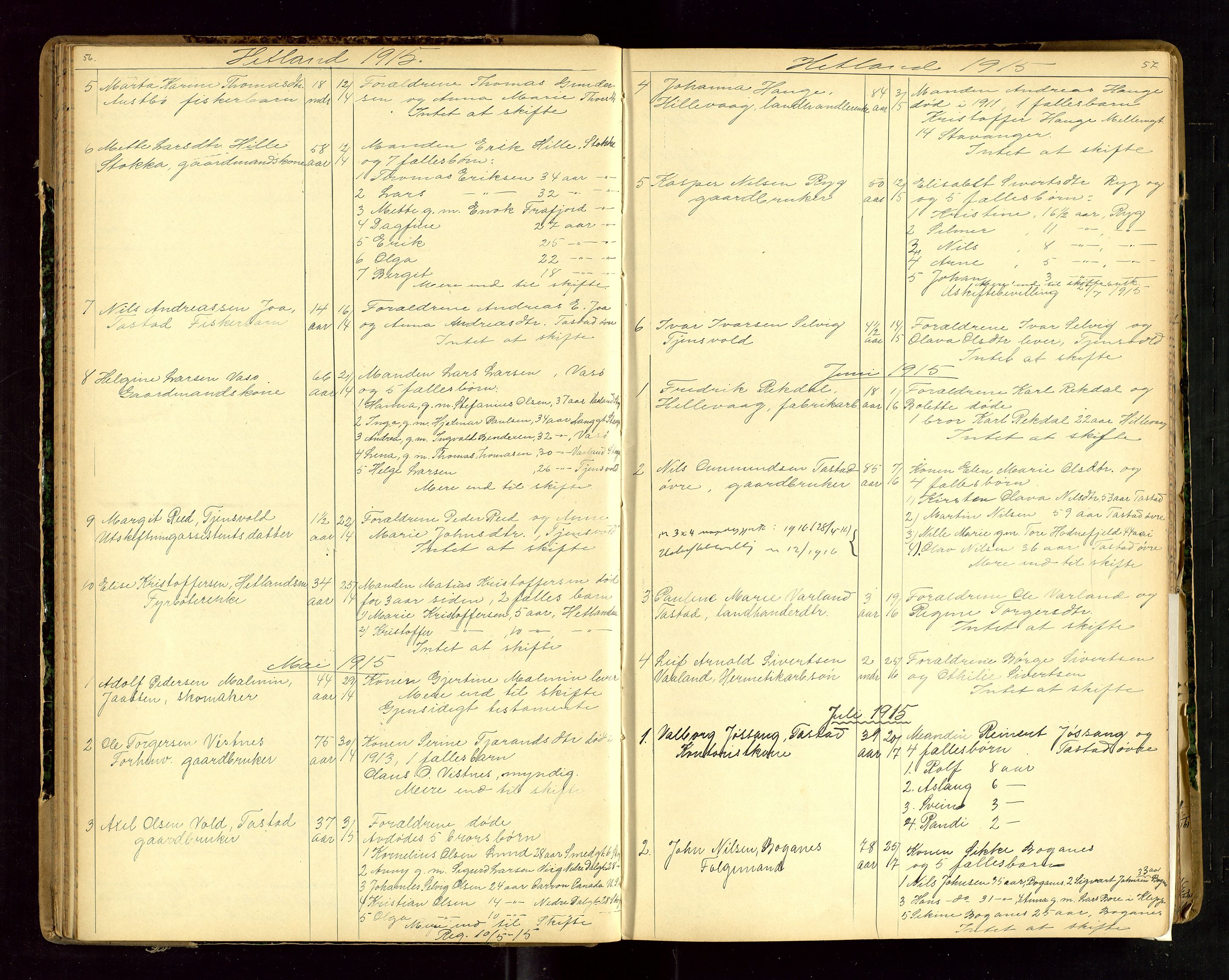 Jæren sorenskriveri, AV/SAST-A-100310/01/5/52/52B/L0003: DØDSFALLPROTOKOLL, 1910-1916, p. 56-57