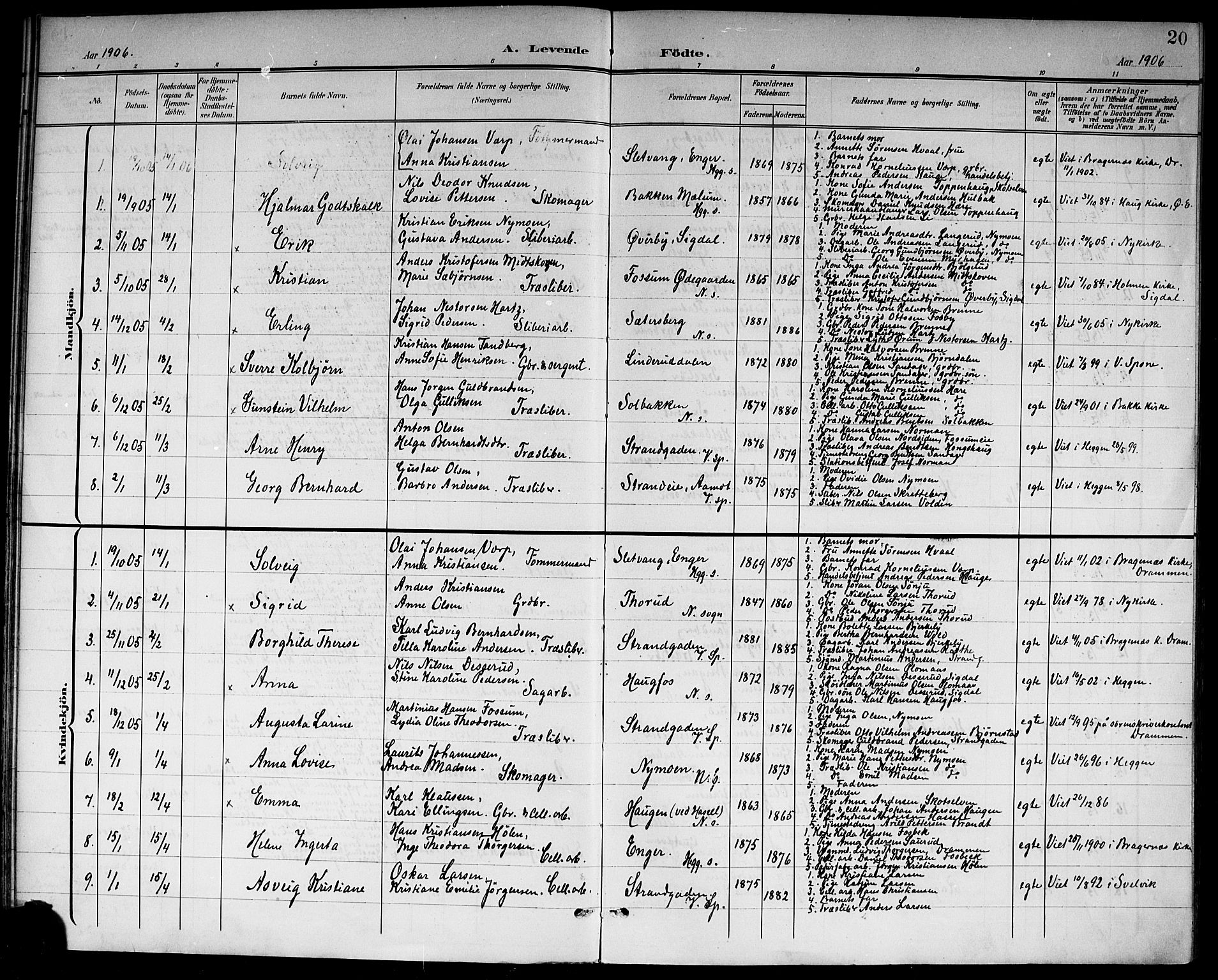 Modum kirkebøker, AV/SAKO-A-234/G/Gc/L0001: Parish register (copy) no. III 1, 1901-1919, p. 20