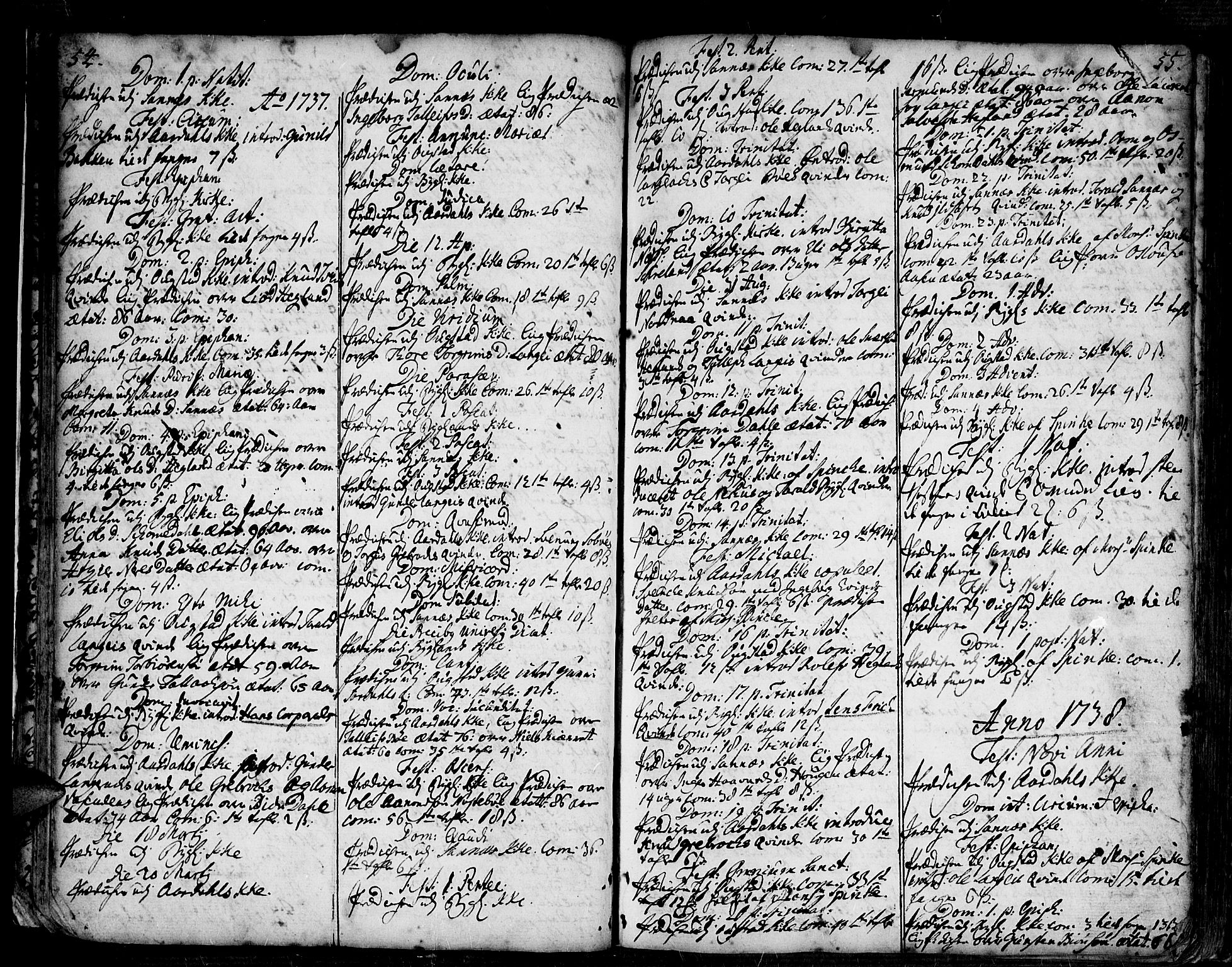Bygland sokneprestkontor, SAK/1111-0006/F/Fa/Fab/L0001: Parish register (official) no. A 1, 1725-1766, p. 54-55