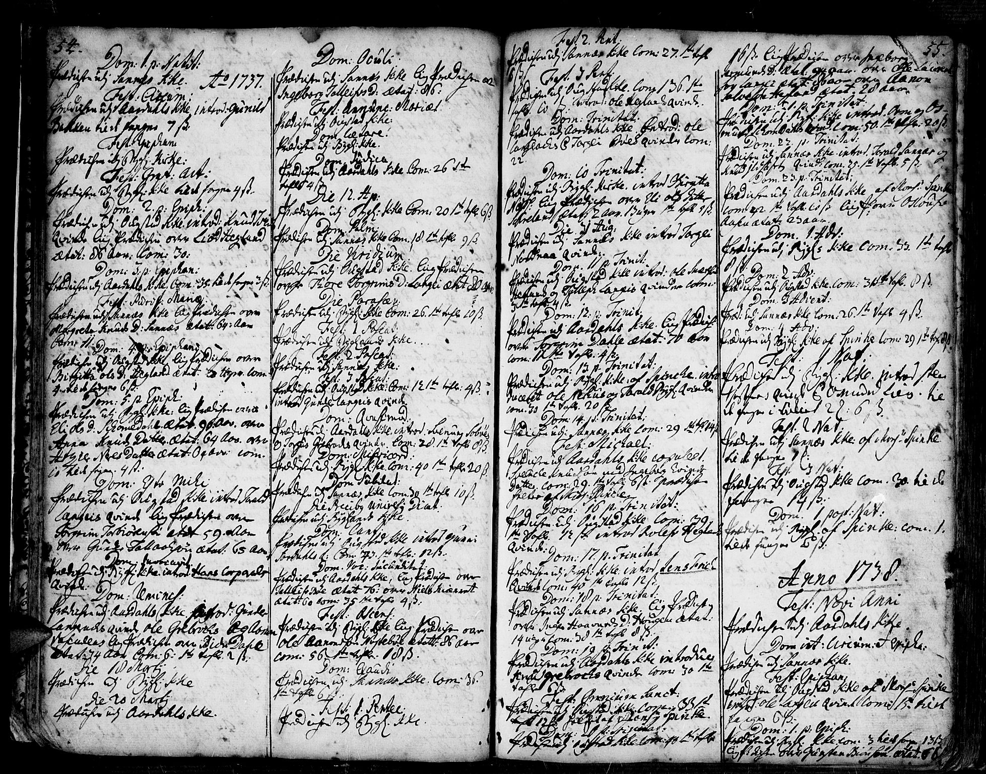 Bygland sokneprestkontor, AV/SAK-1111-0006/F/Fa/Fab/L0001: Parish register (official) no. A 1, 1725-1766, p. 54-55