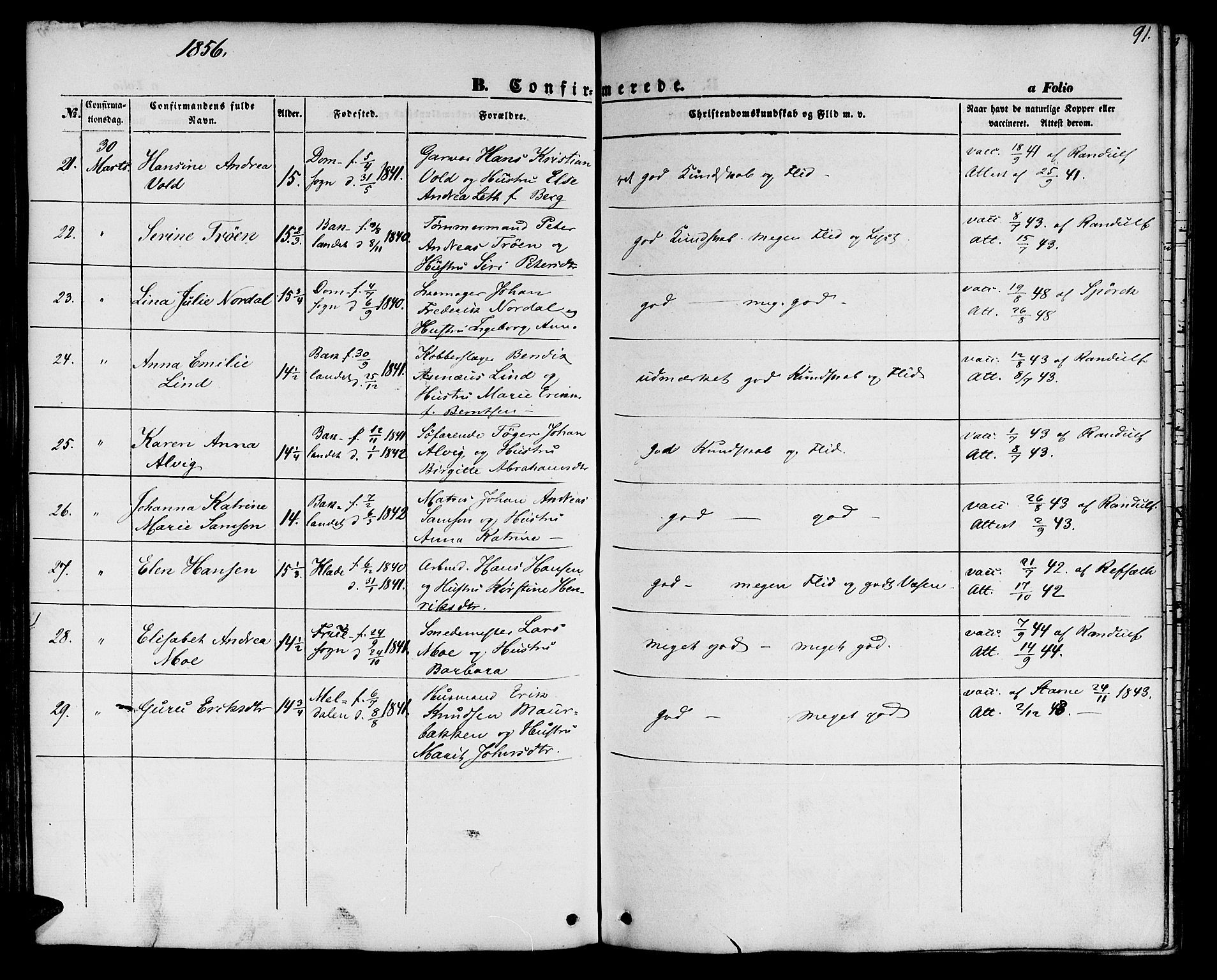 Ministerialprotokoller, klokkerbøker og fødselsregistre - Sør-Trøndelag, SAT/A-1456/604/L0184: Parish register (official) no. 604A05, 1851-1860, p. 91