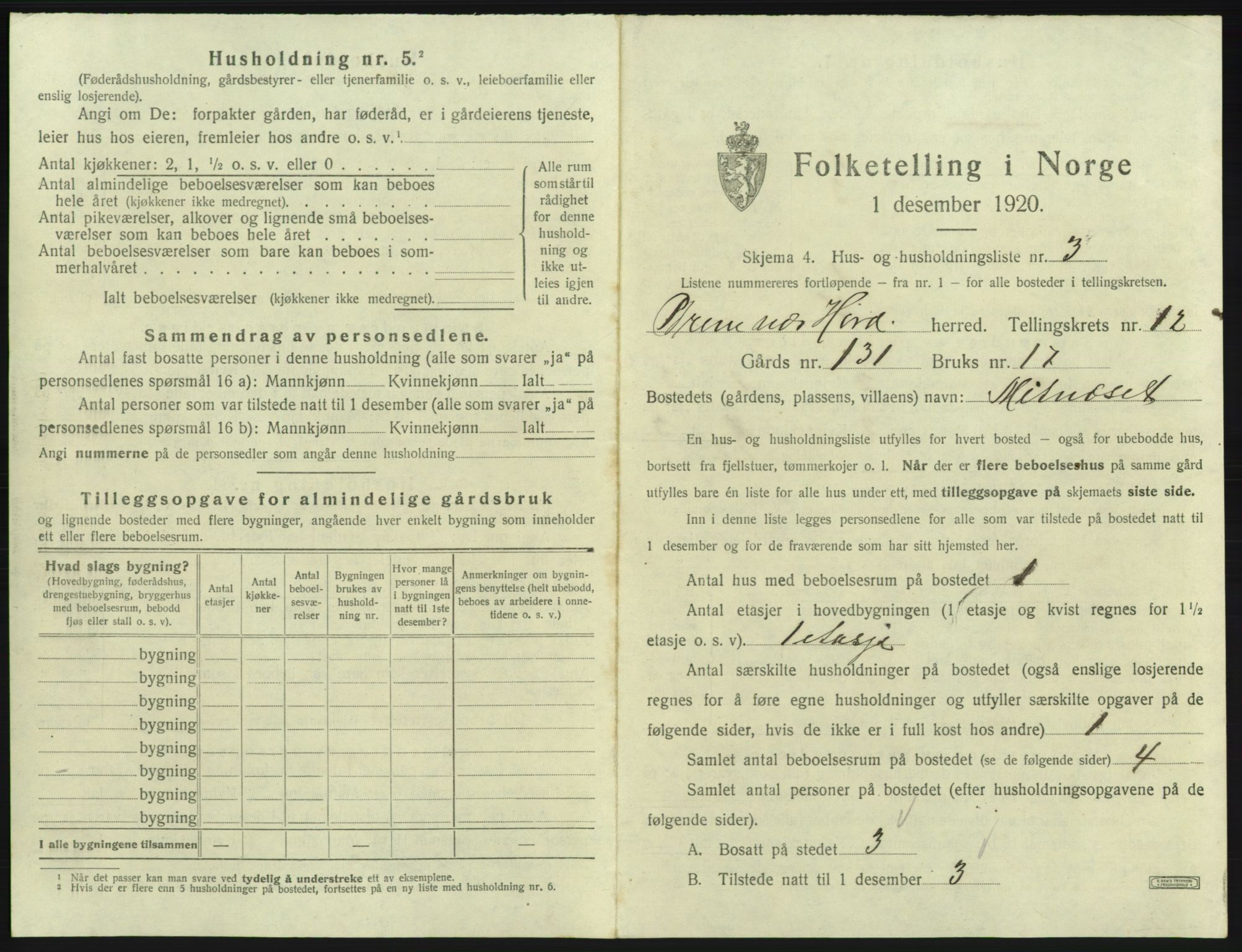 SAB, 1920 census for Bremnes, 1920, p. 1030