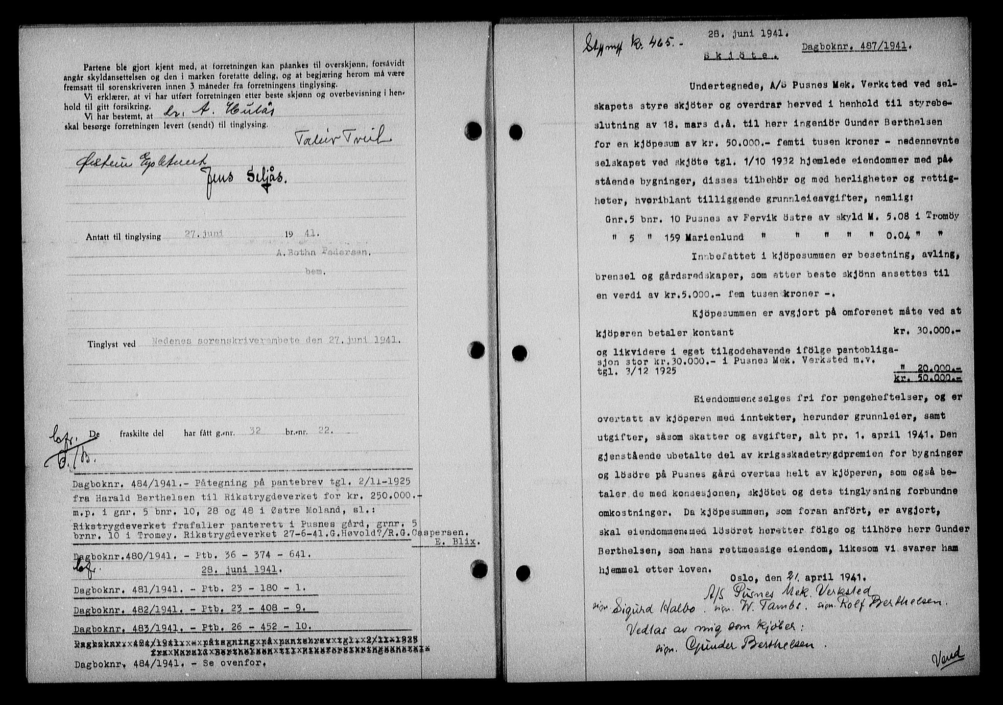 Nedenes sorenskriveri, AV/SAK-1221-0006/G/Gb/Gba/L0048: Mortgage book no. A-II, 1940-1941, Diary no: : 487/1941