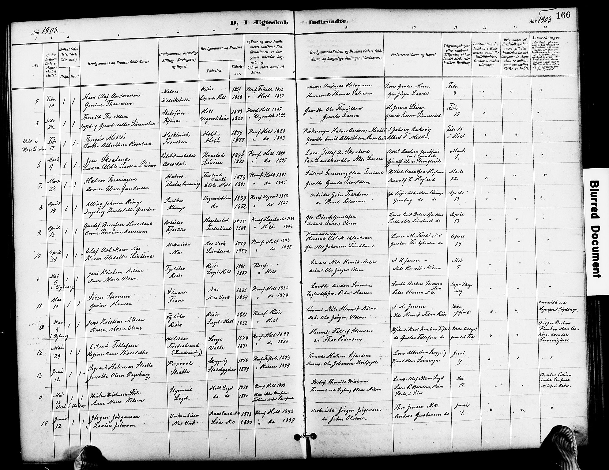 Holt sokneprestkontor, SAK/1111-0021/F/Fb/L0011: Parish register (copy) no. B 11, 1897-1921, p. 166