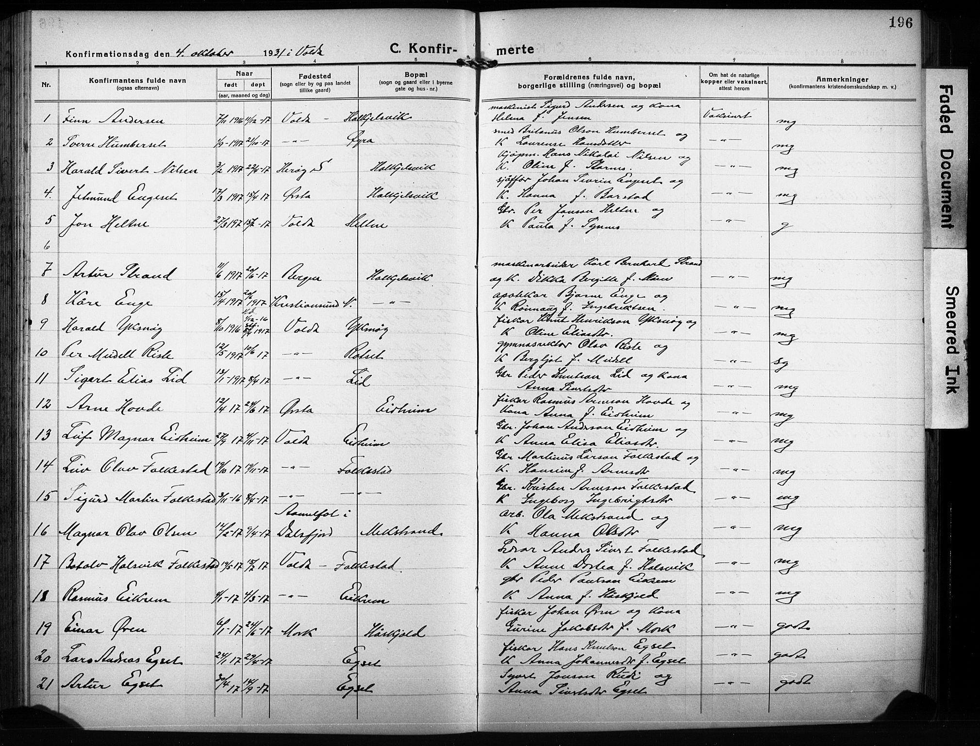 Ministerialprotokoller, klokkerbøker og fødselsregistre - Møre og Romsdal, SAT/A-1454/511/L0160: Parish register (copy) no. 511C06, 1920-1932, p. 196