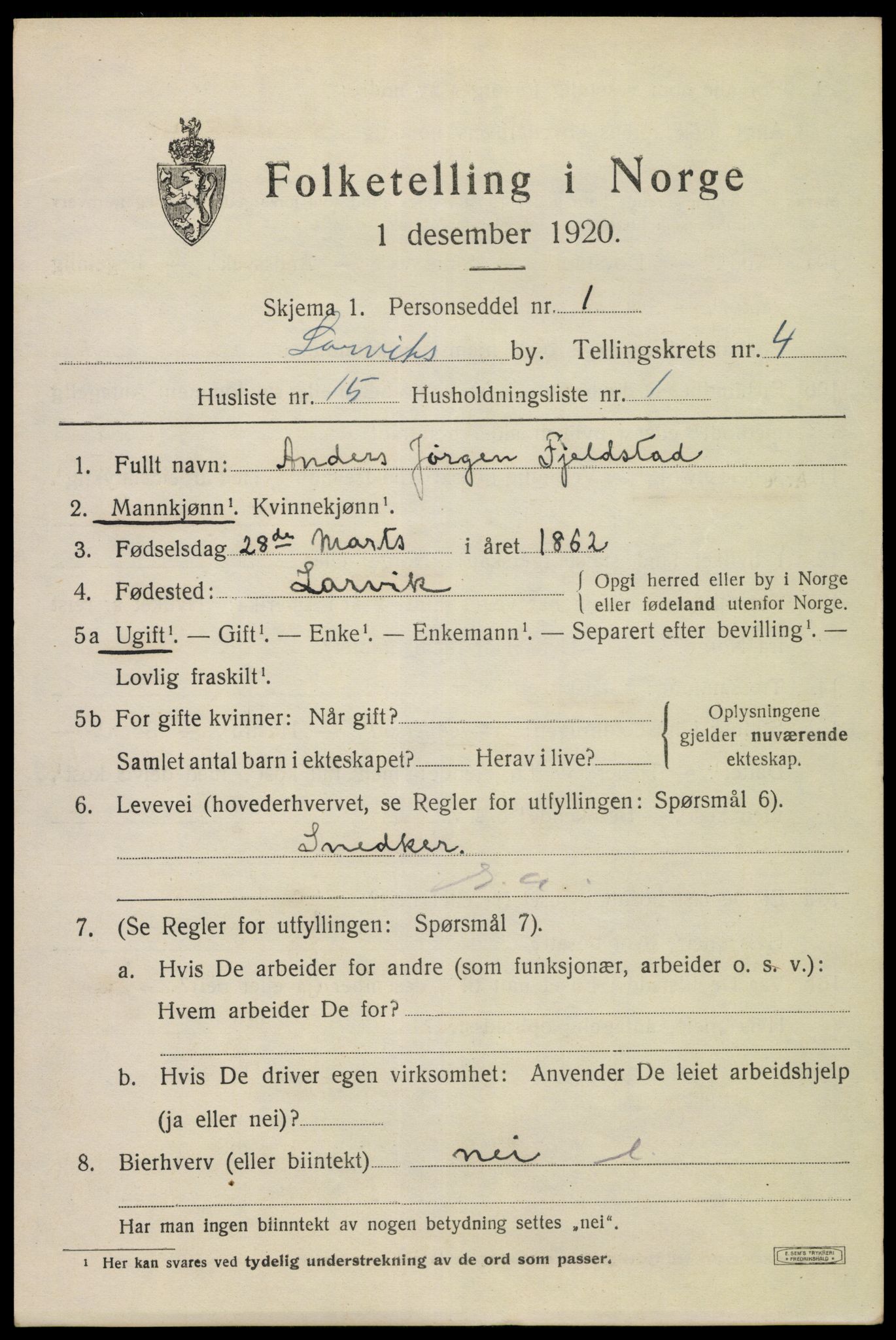 SAKO, 1920 census for Larvik, 1920, p. 13662